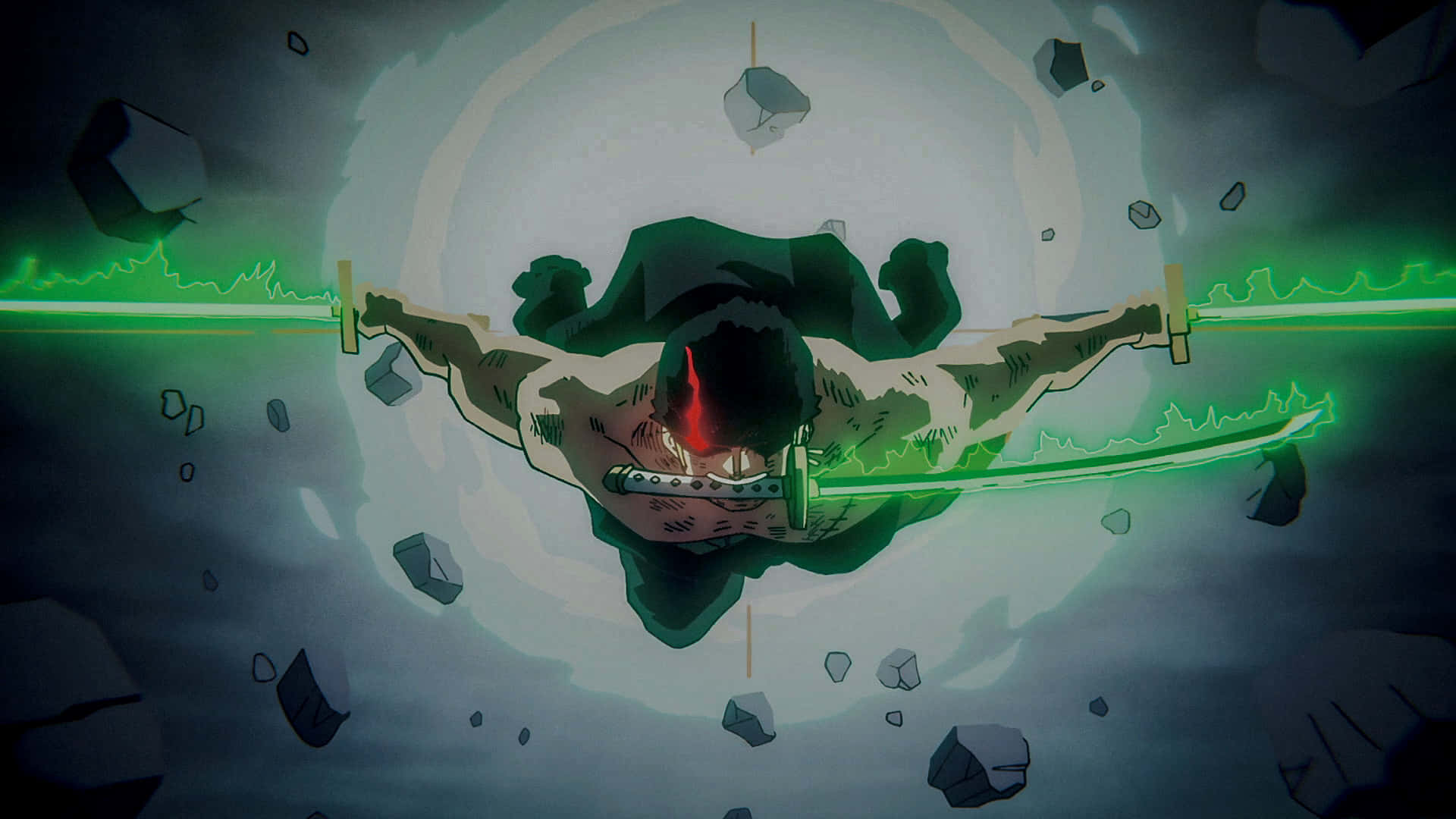 zoro wallpaper 壁紙 — 一位動漫戰士，擁有發光的紅眼和綠色光環，用發光的劍斬過浮石，呈現動態俯拍鏡頭。