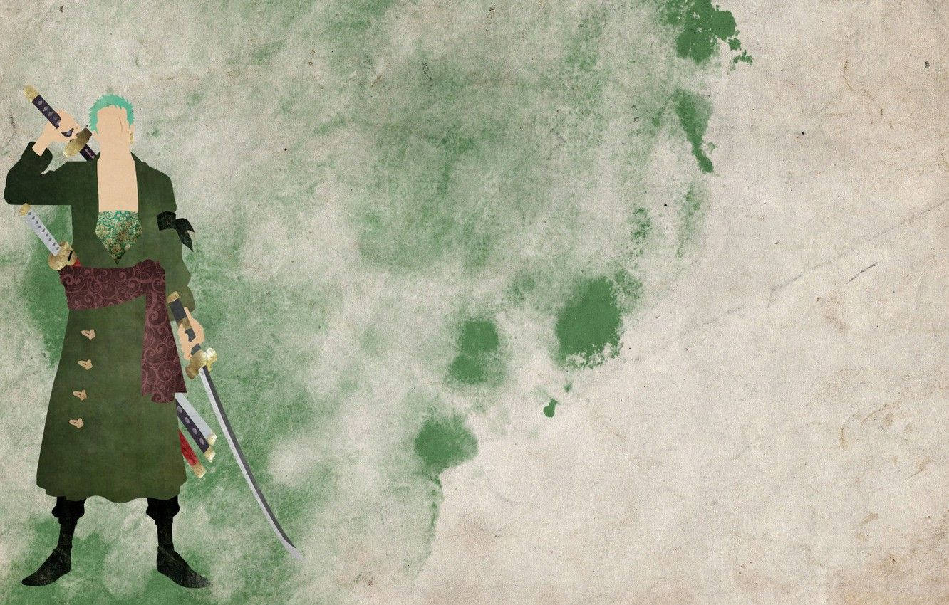Zoro 最簡風格畫作 壁紙 — 一個風格化的動漫劍士，綠色頭髮，三把劍，站在有紋理的綠色和米色水彩背景前。