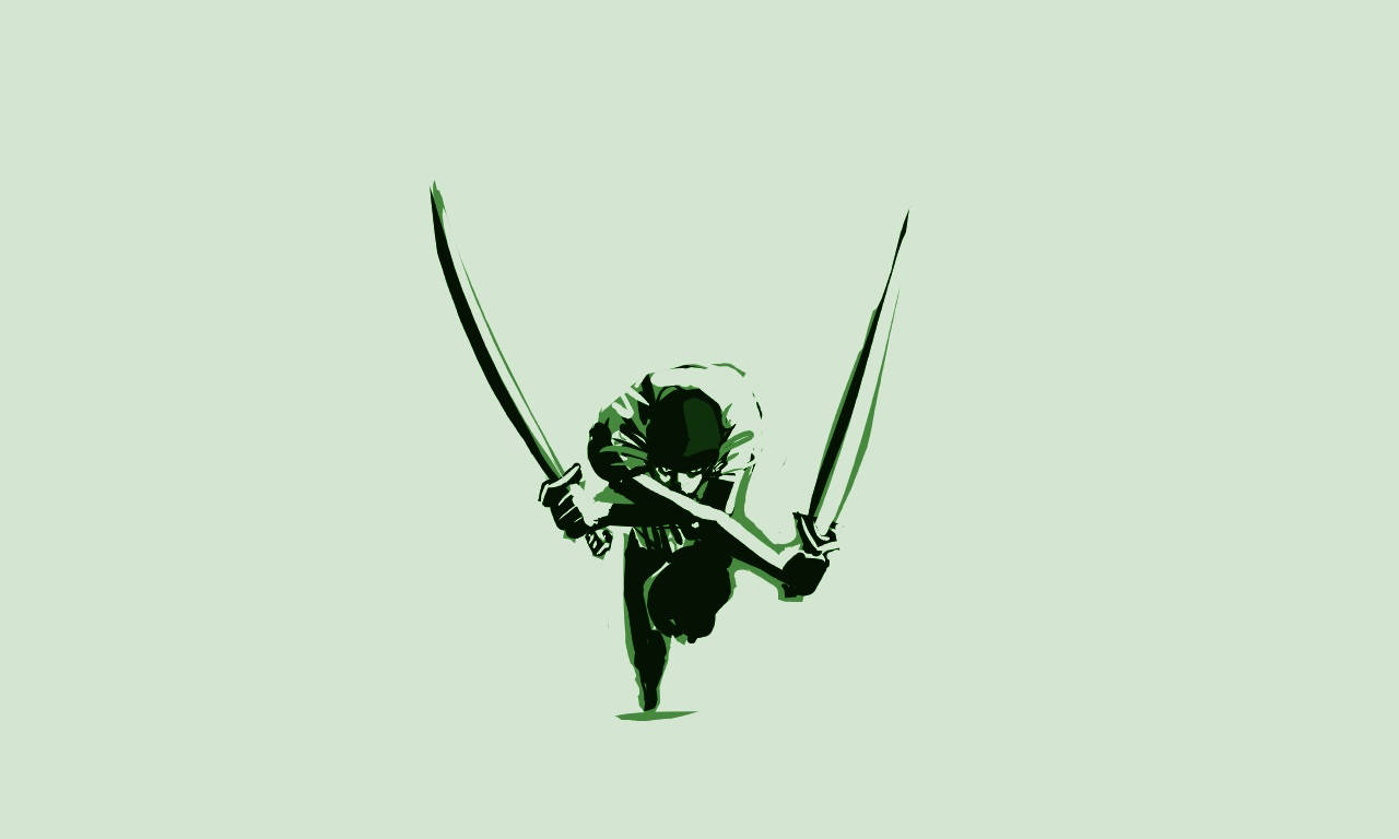 Zoro 最簡風格藝術品 壁紙 — 一個風格化的忍者戰士以綠色剪影揮舞兩把劍，背景為淡薄荷色。