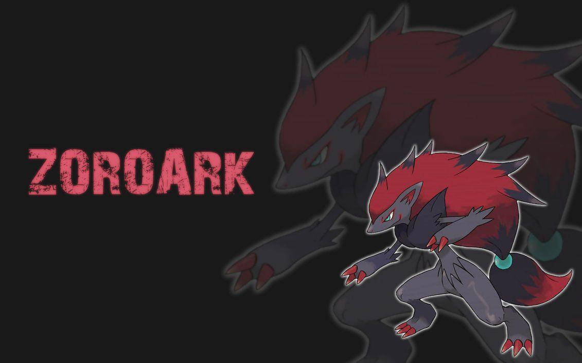 紅黑配色的 Zoroark 壁紙 — 一隻風格化的索羅亞克，擁有紅色和深灰色毛髮，在黑色背景前向前跳躍，其名字以磨損的紅色文字呈現。