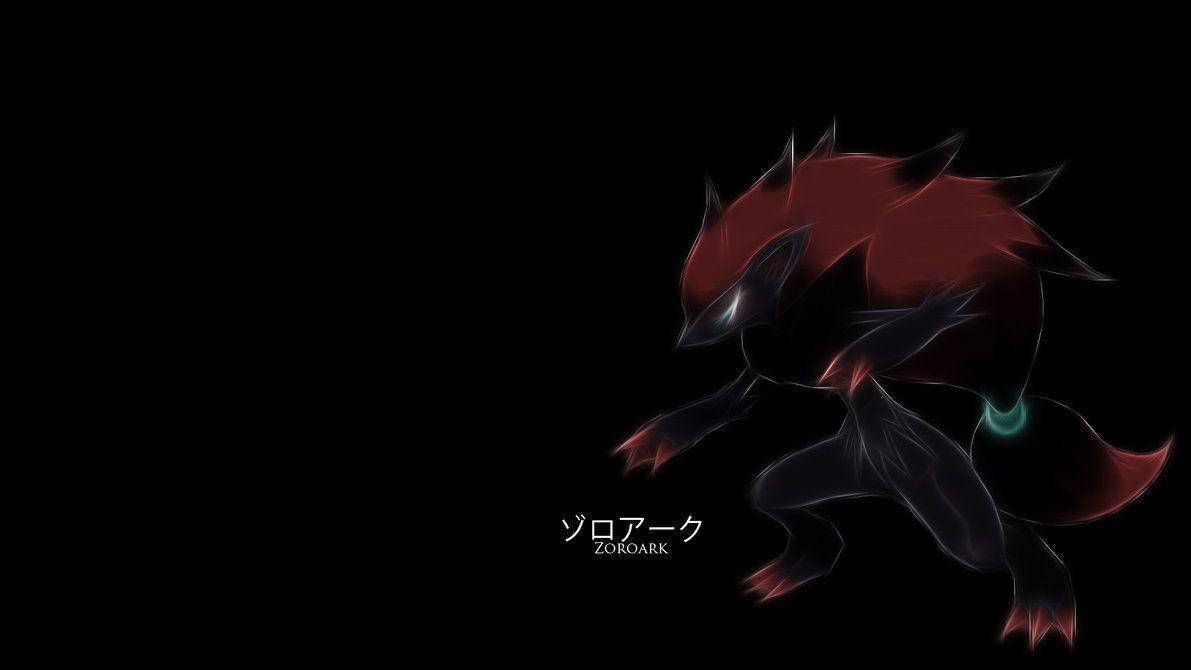 神秘 Zoroark 露出真容 壁紙 — 一隻光滑的紅黑色索羅亞，眼睛發光，尾巴尖端呈青綠色，站在純黑色背景前。