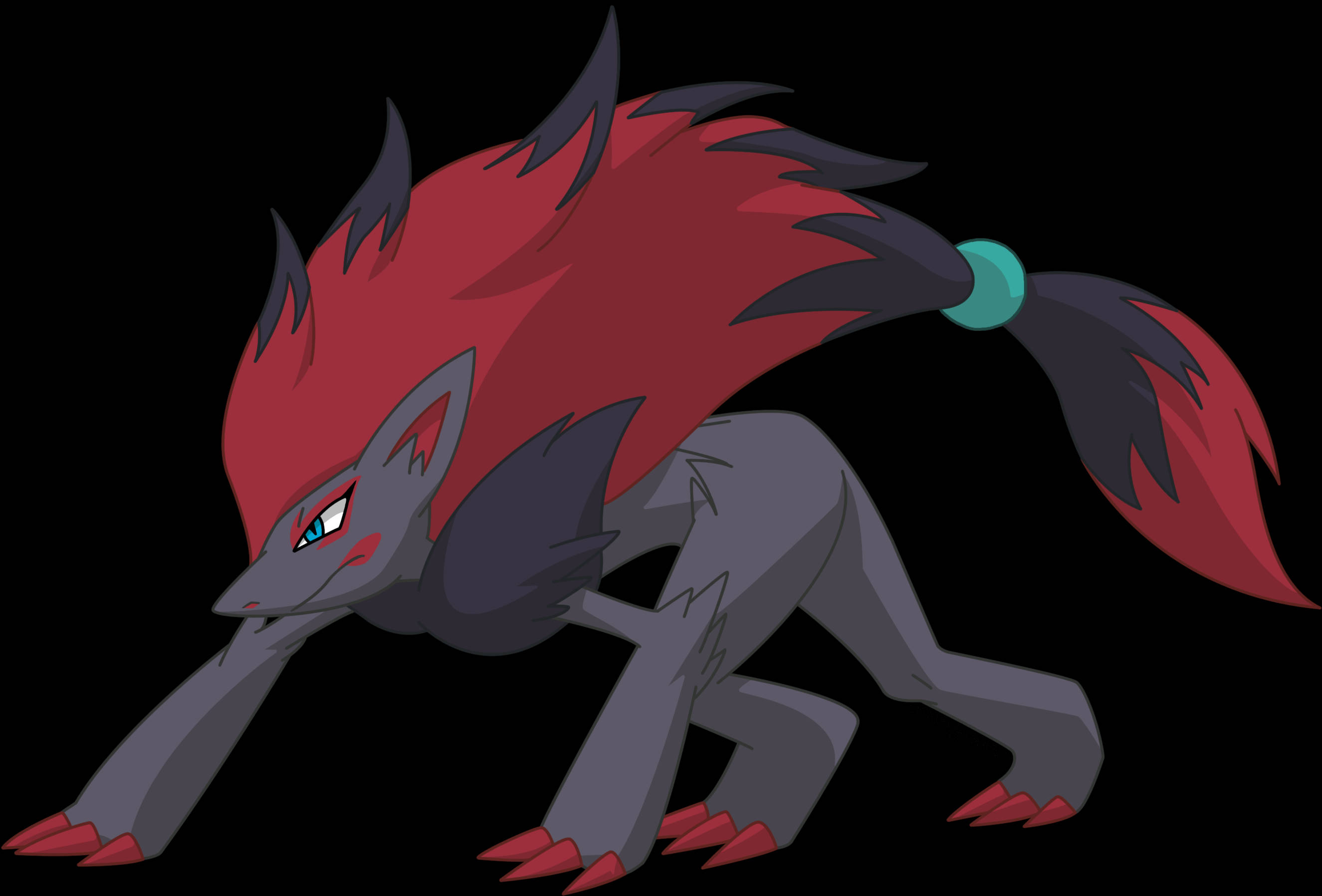 Zoroark 爬行姿態 壁紙 — 一隻兇猛的紅灰色狼狀生物蹲伏著，藍色眼睛發光，背景為黑色。