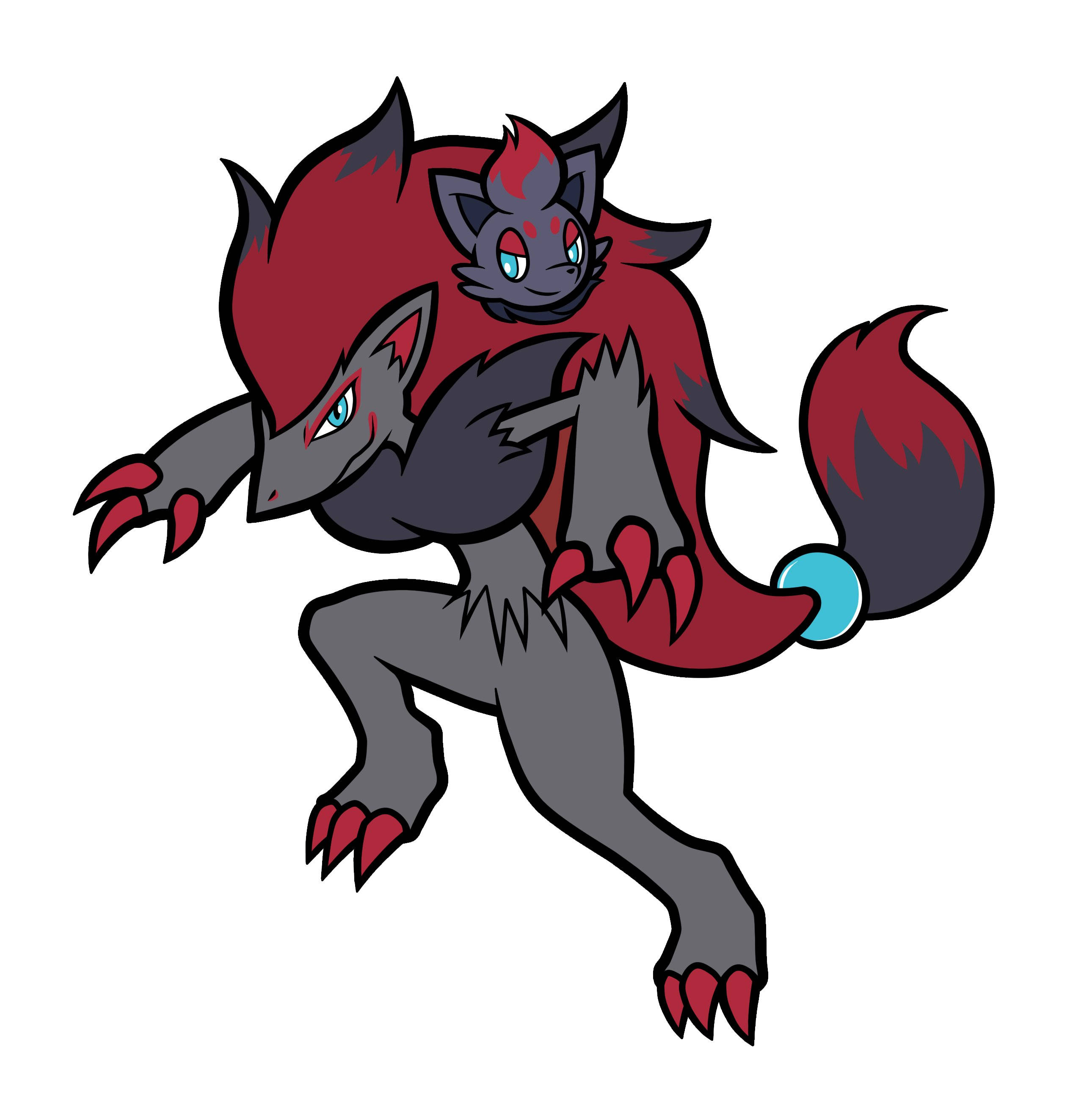 Zorua 與 Zoroark 壁紙 — 一隻風格化的動漫狼生物，紅色毛髮和藍色眼睛，在純白背景上動態跳躍。