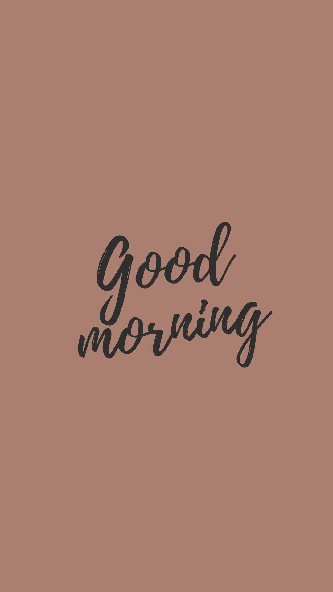 以「Good Morning」開啟美好一天 壁紙 — 一個簡約的棕色背景，中央有優雅的黑色草書文字寫著「早晨」，營造平靜的早晨問候。
