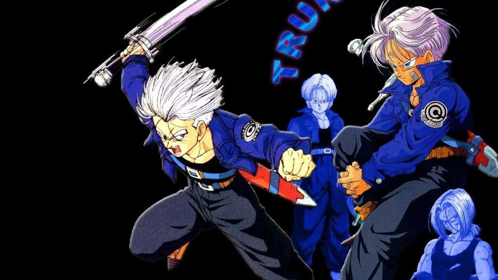 《龍珠Z》Trunks 準備迎戰！ 壁紙 — 四個身穿藍色制服嘅動漫角色喺黑色背景上，用劍戰鬥，背景有發光文字。