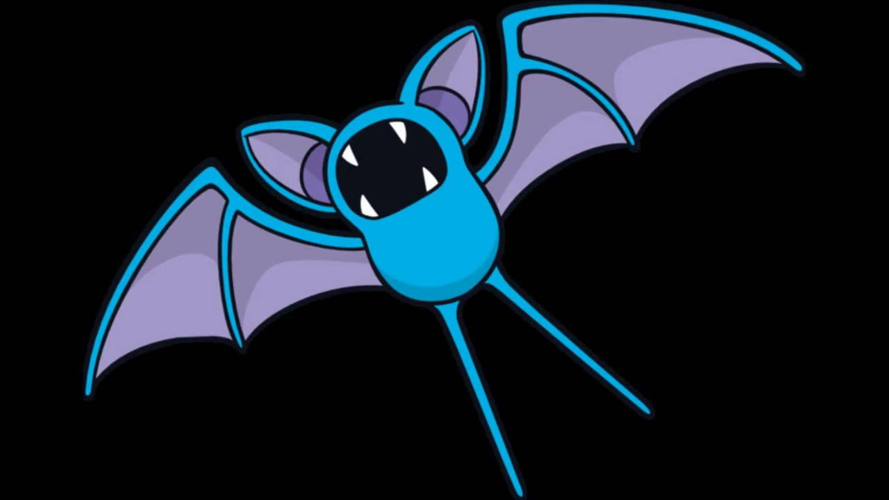 黑色背景上的Zubat 壁紙 — 一隻卡通蝙蝠，藍色身體，紫色翅膀，在黑色背景上飛翔，露出尖牙和大眼睛。