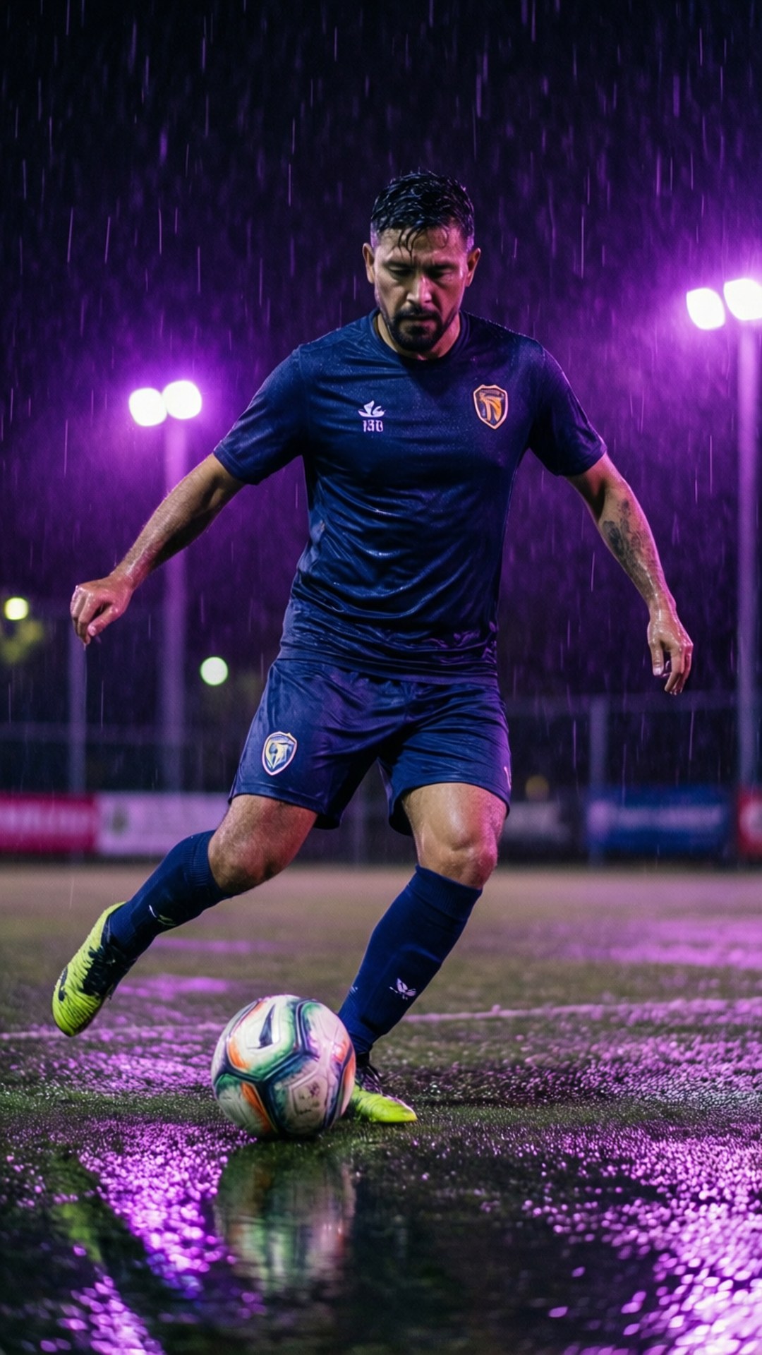 Mauricio Pereyra 桌布 壁紙 — 一名身穿深藍色球衣的足球運動員在夜間紫色球場燈光下，於濕滑的場地上控制著一個色彩繽紛的足球。