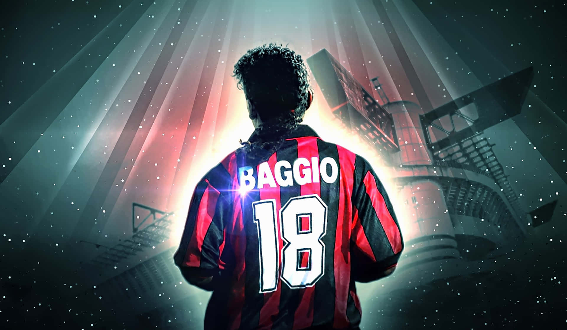  壁紙 — 一名身穿紅黑間條球衣、印有Baggio 18的足球員，在超現實的球場背景下，背光站在耀眼的光芒中。