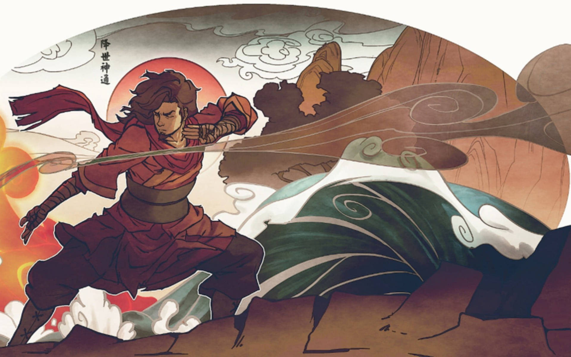 Zuko 以古日式插畫風格呈現 壁紙 — 一名身穿紅色長袍的戰士在熾熱的夕陽背景和漩渦狀雲層中與一條巨大的綠色蛇搏鬥。