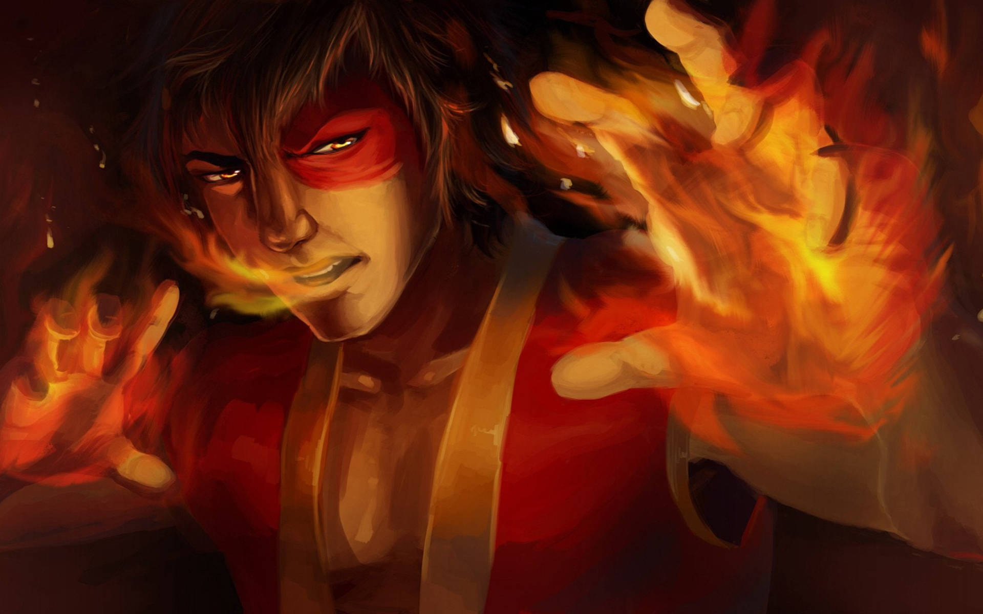 Zuko 以柔和紅色調呈現 壁紙 — 一個火熱的動漫戰士，戴著紅色眼罩，在戲劇性的特寫中從雙手釋放出熊熊火焰。