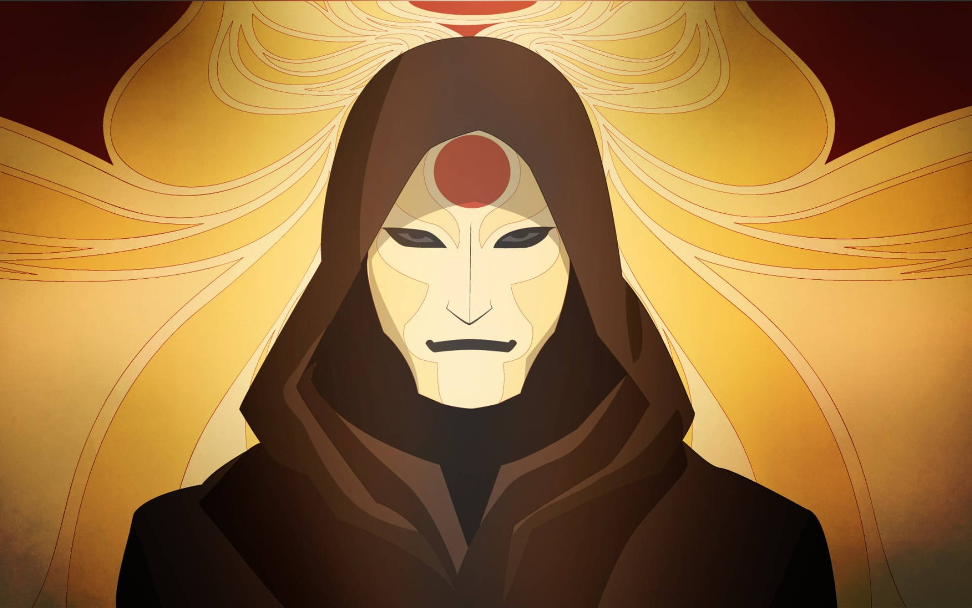 Zuko 戴面罩 壁紙 — 一個戴著面具的動漫人物，身穿深色連帽衫，站在光芒四射的金色光環前，光環帶有流動的線條，額頭上有一個紅色圓形標記。