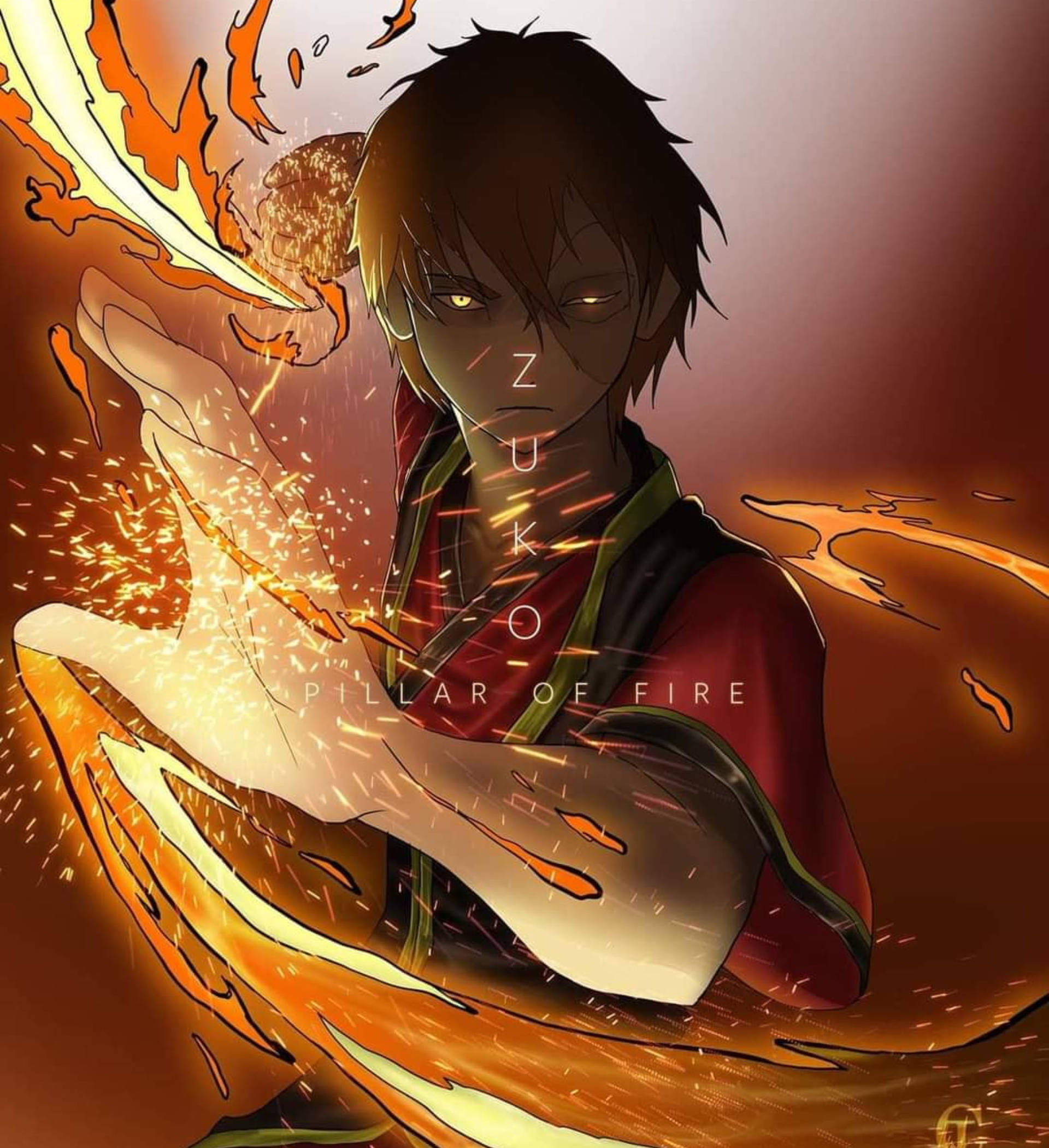 Zuko 火柱 壁紙 — 一個堅定的動漫角色從他的手中引導熾熱的能量，閃爍的火花和動態的火焰在他周圍旋轉。