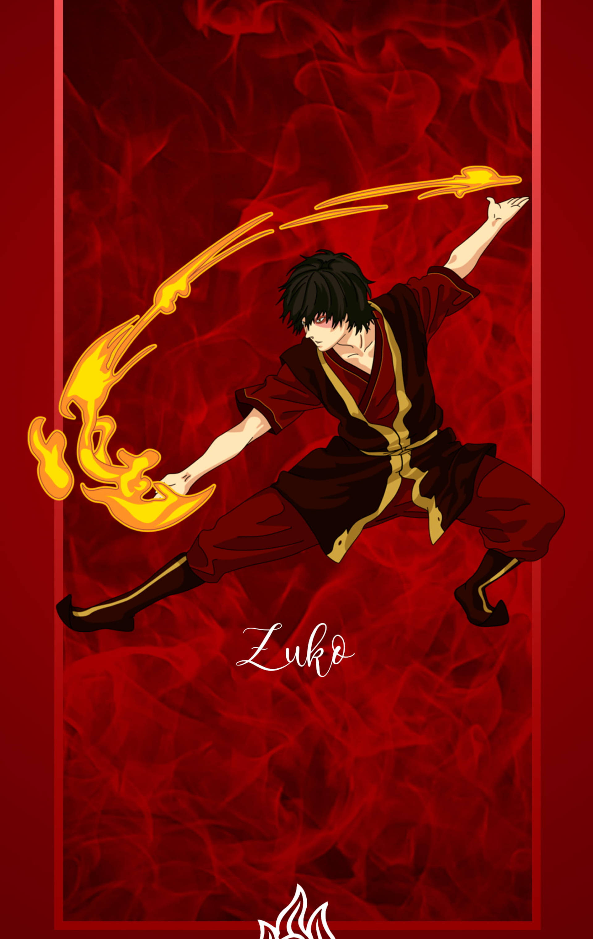 Zuko 紅絲絨火焰 壁紙 — 一個穿著紅色服裝的動漫角色，在旋轉的紅色背景下以動態姿勢釋放出鮮豔的火焰。