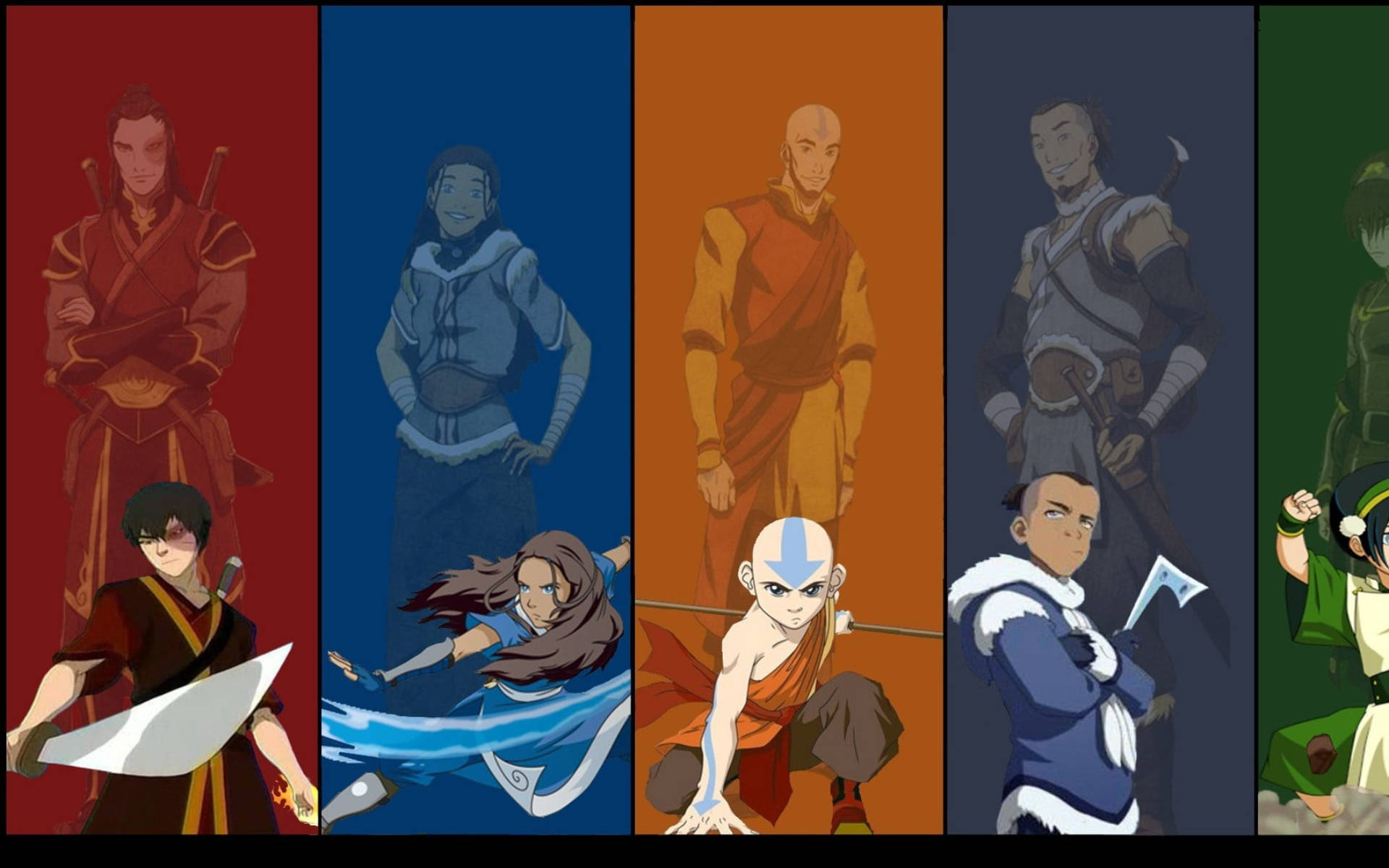 Zuko 紅色未來之身 壁紙 — 來自《降世神通：最後的氣宗》的六個動畫角色站在垂直面板中，背景為代表其元素的顏色。