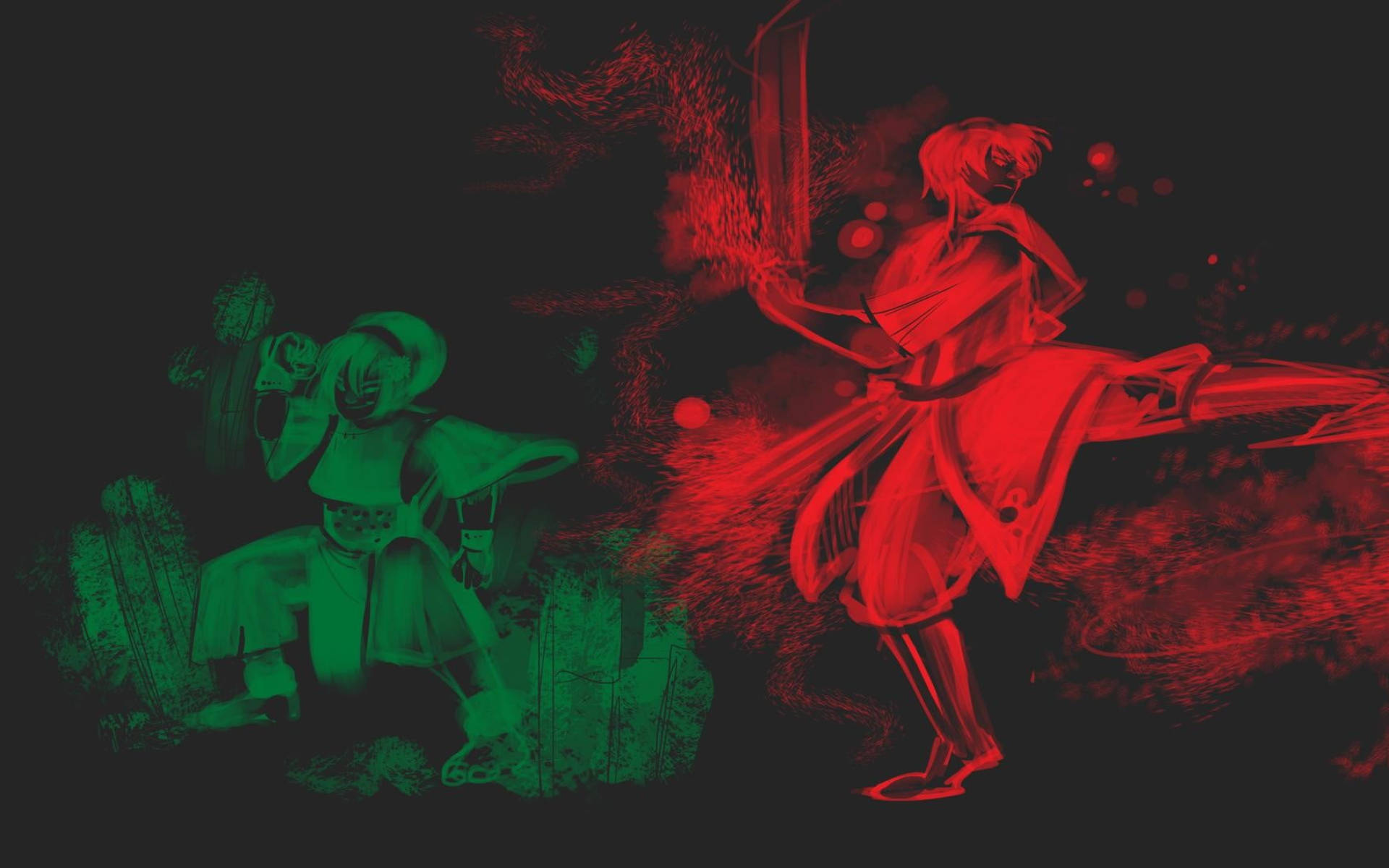 Zuko 與拓芙 壁紙 — 兩個風格化的戰士在黑暗背景下進行一場戲劇性的紅綠決鬥。