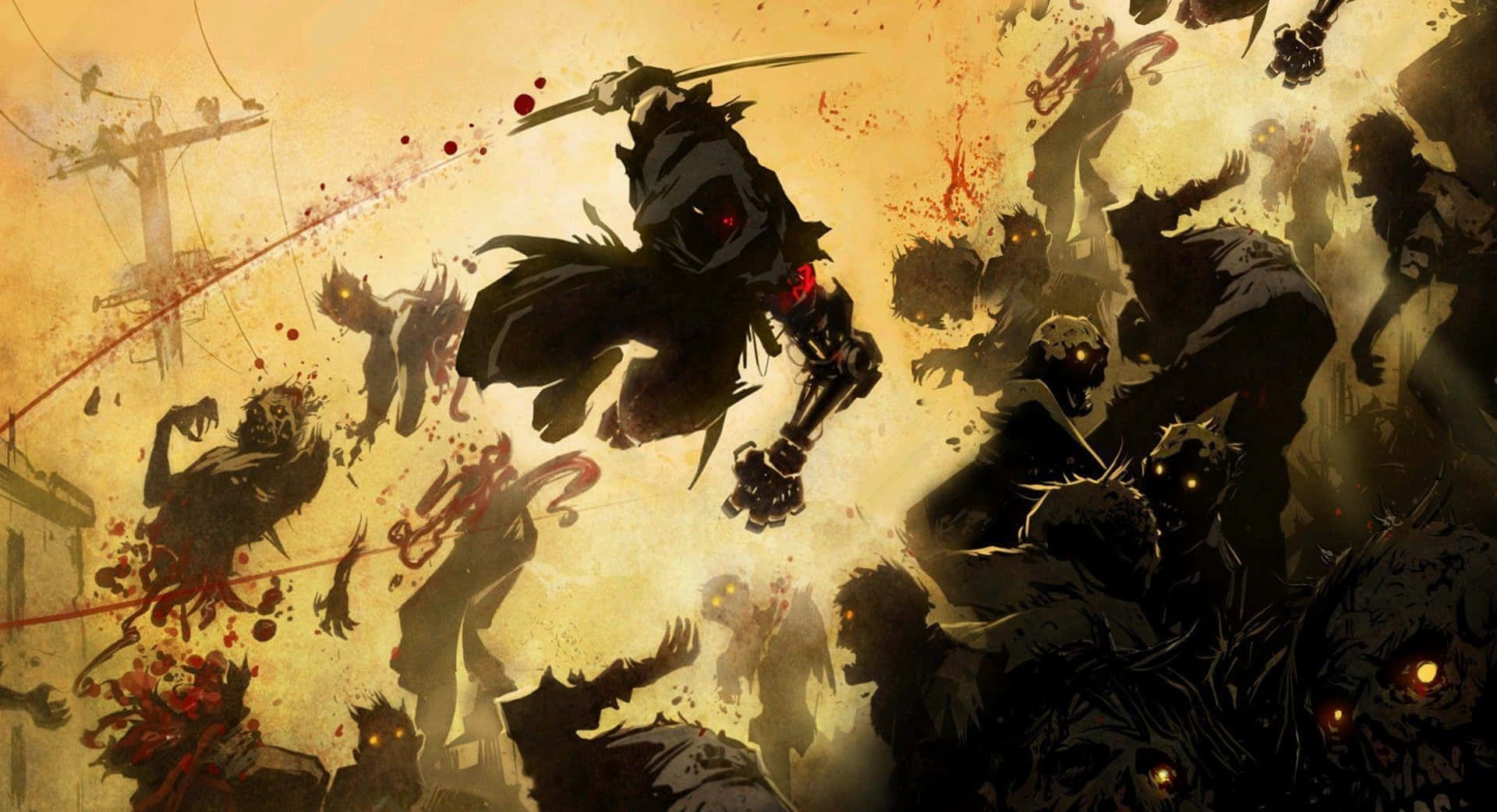 《忍者龍劍傳Z》酷炫忍者Yaiba 壁紙 — 一名身穿黑衣的戰士在混亂的殭屍群中跳躍，背景是 gritty 的城市景觀。