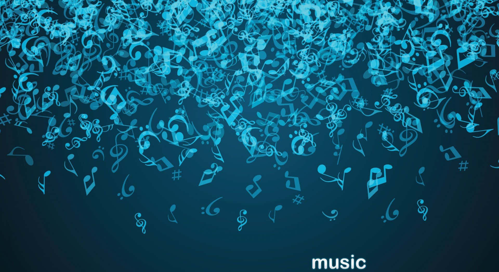 Musical 桌布 壁紙 — 一串發光的藍色音符和符號在深藍色漸變背景上向下飄落。