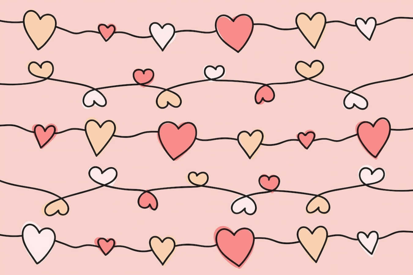 Heart Doodle 桌布 壁紙 — 一串粉紅、米色和白色的粉彩心形掛在柔和的粉紅背景上，形成有趣的圖案。