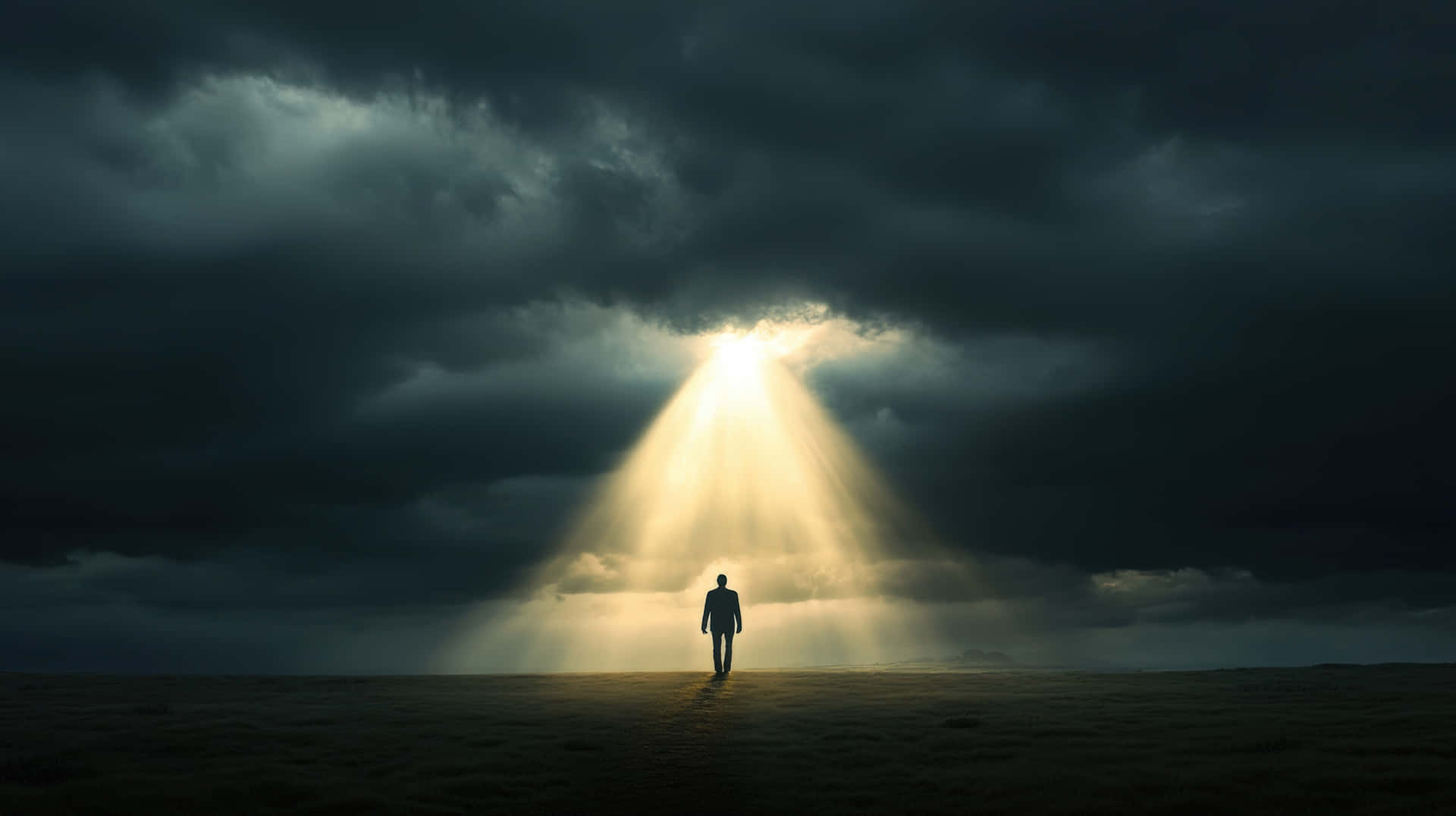 一個人走向一道穿透黑暗暴風雲、照耀在廣闊田野上的明亮光線。