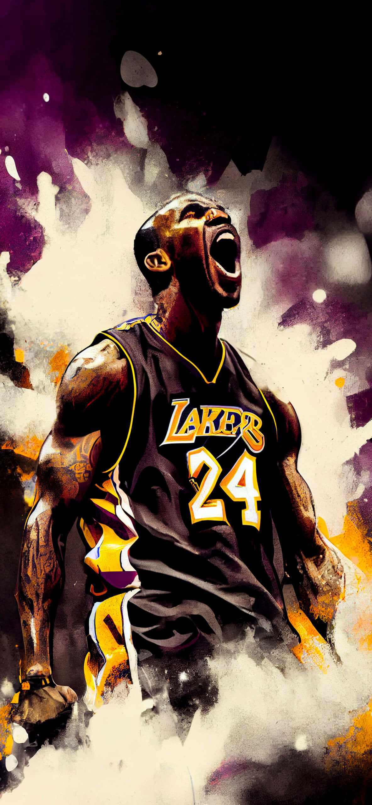 Kobe 桌布 壁紙 — 一件充滿動感的數碼藝術作品，描繪身穿湖人隊球衣的籃球運動員高比·拜仁在充滿活力的紫色和橙色潑濺背景前激情咆哮。