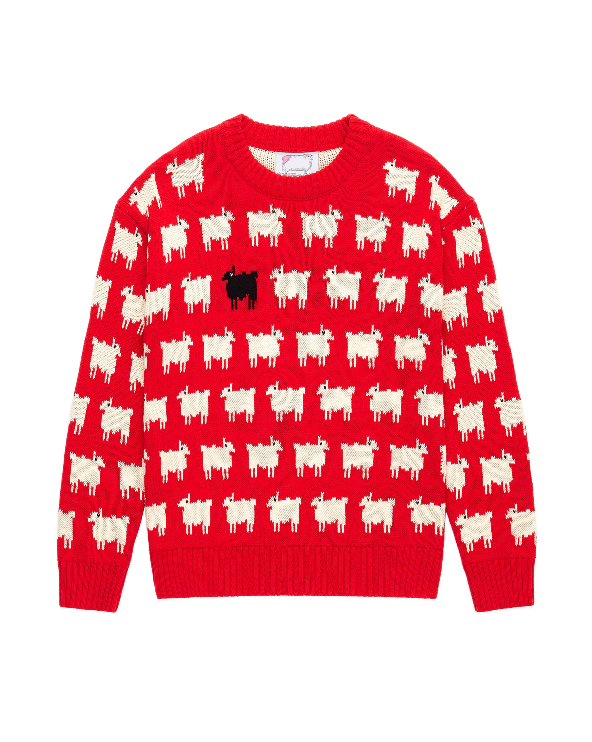 Red Sweater 桌布 壁紙 — 一件充滿活力的紅色針織毛衣，上面覆蓋著重複的白色綿羊圖案，中間有一隻突出的黑色綿羊。