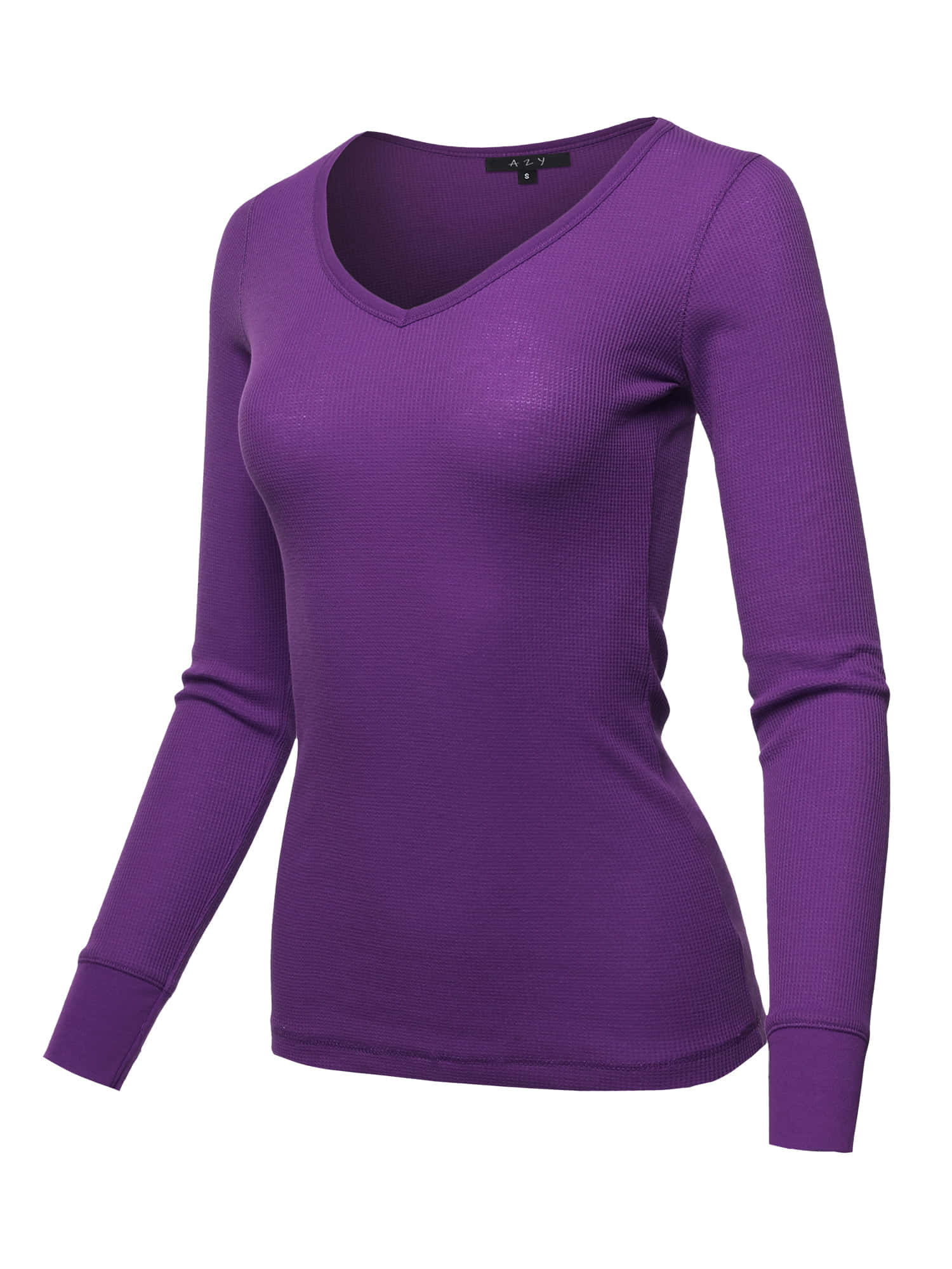 Purple Shirt 桌布 壁紙 — 一件充滿活力的紫色羅紋長袖V領上衣，展示在潔淨的白色背景上。