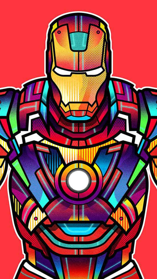 Iron Man Art 桌布 壁紙 — 一件充滿活力的風格化鐵甲奇俠戰衣，帶有彩虹漸變和粗線條輪廓，置於純紅色背景上。