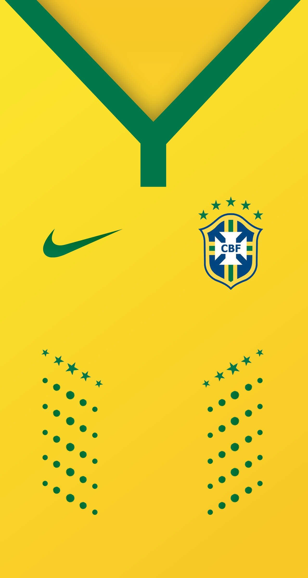 Brazil 桌布 壁紙 — 一件充滿活力的黃色巴西國家足球隊球衣，袖子上有綠色點綴和星星圖案。