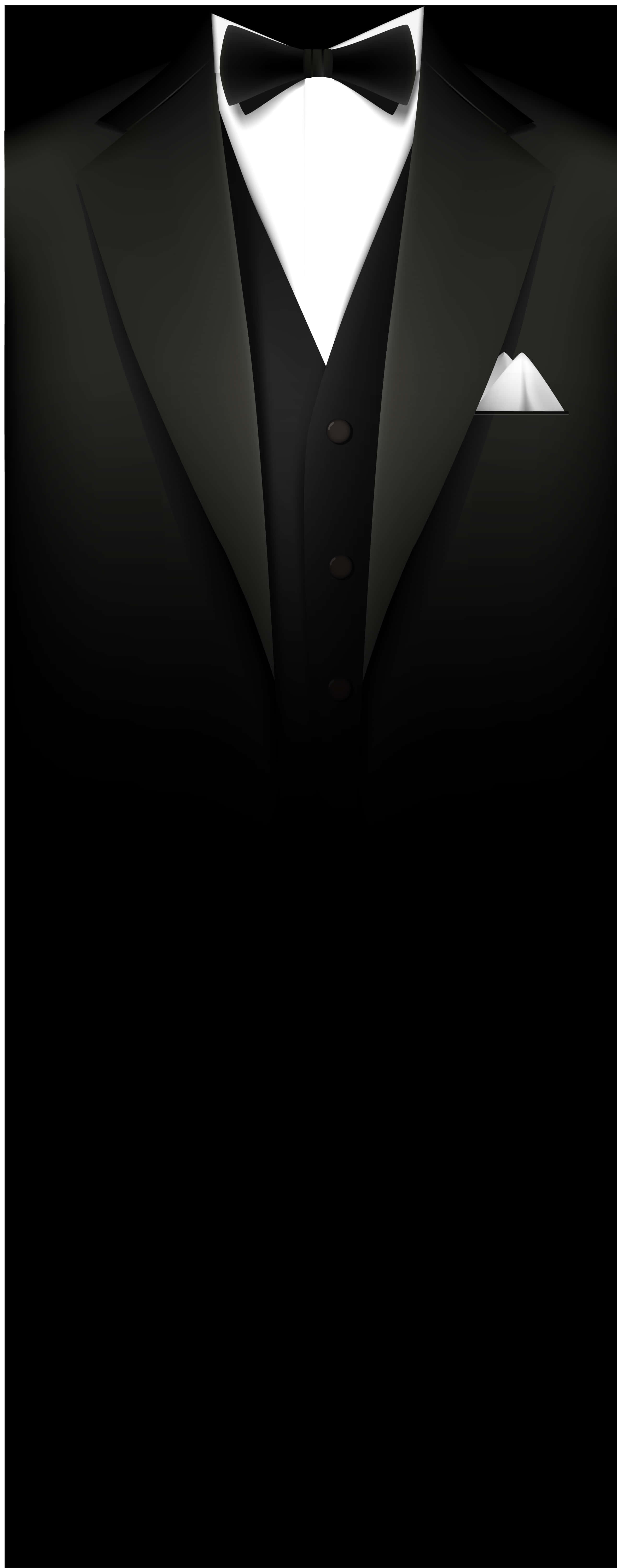 Black Tie Event 桌布 壁紙 — 一件剪裁俐落的黑色燕尾服，搭配白色襯衫、領結和口袋方巾，背景為純黑色。