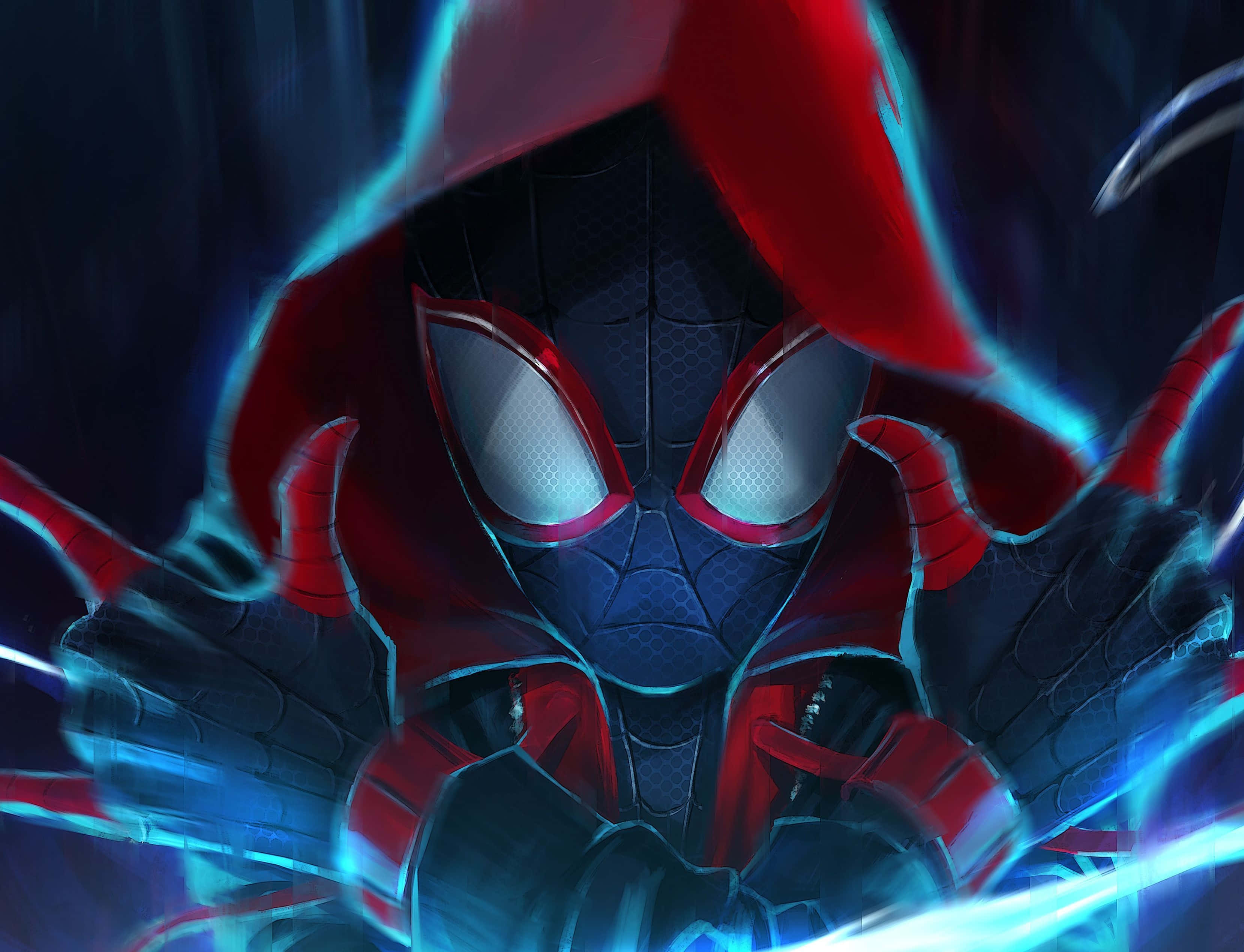 Miles Morales 動漫 桌布 壁紙 — 一件動態的數碼藝術蜘蛛俠，身穿紅藍戰衣，帶有發光的蛛網線條和連帽剪影，背景為深色。