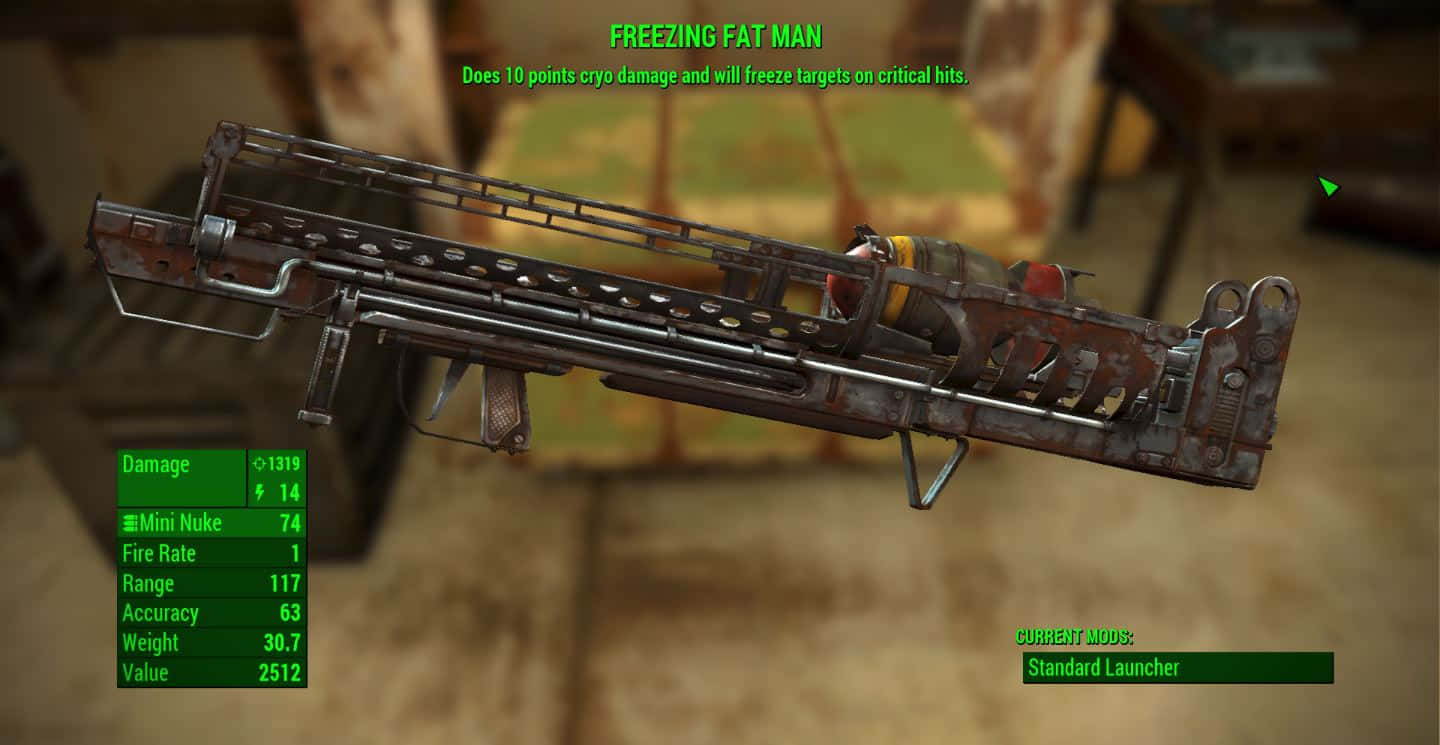 Fallout 4 Fat Man 桌布 壁紙 — 一件名為 Freezing Fat Man 的生鏽低溫武器，在遊戲庫存中顯示，並帶有統計數據覆蓋層。