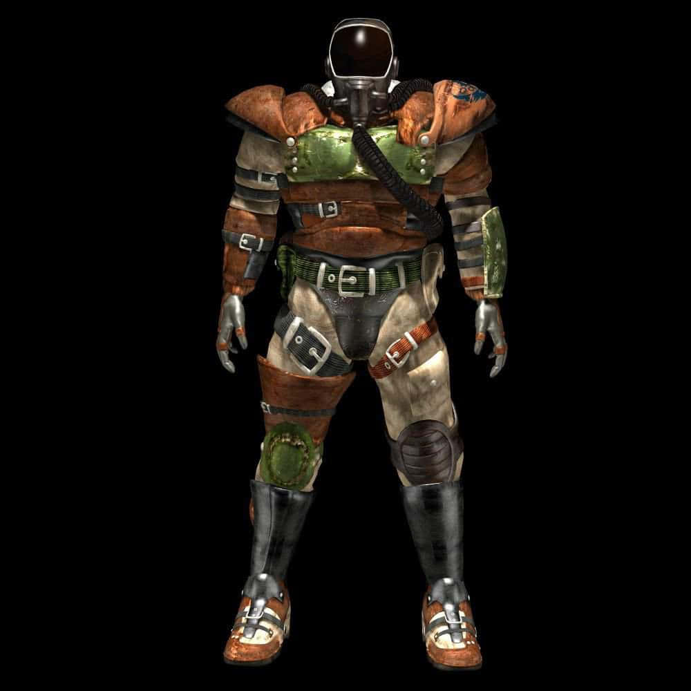 Fallout Brotherhood Of Steel 桌布 壁紙 — 一件嚴重風化且修補過的動力裝甲服站在黑色背景前，顯示出戰鬥和磨損的痕跡。