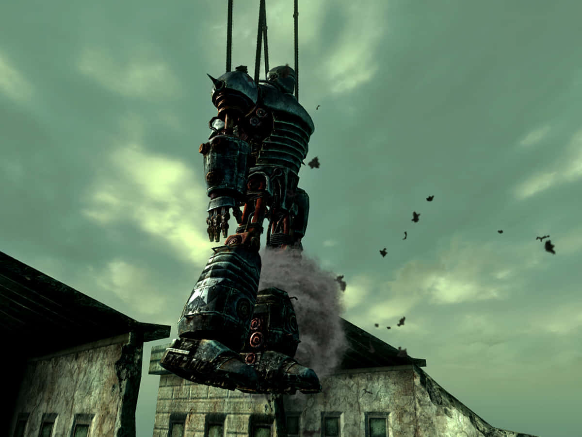 Liberty Prime 桌布 壁紙 — 一件巨大的生鏽動力裝甲服懸掛在廢墟建築上方，陰暗的綠色天空下。