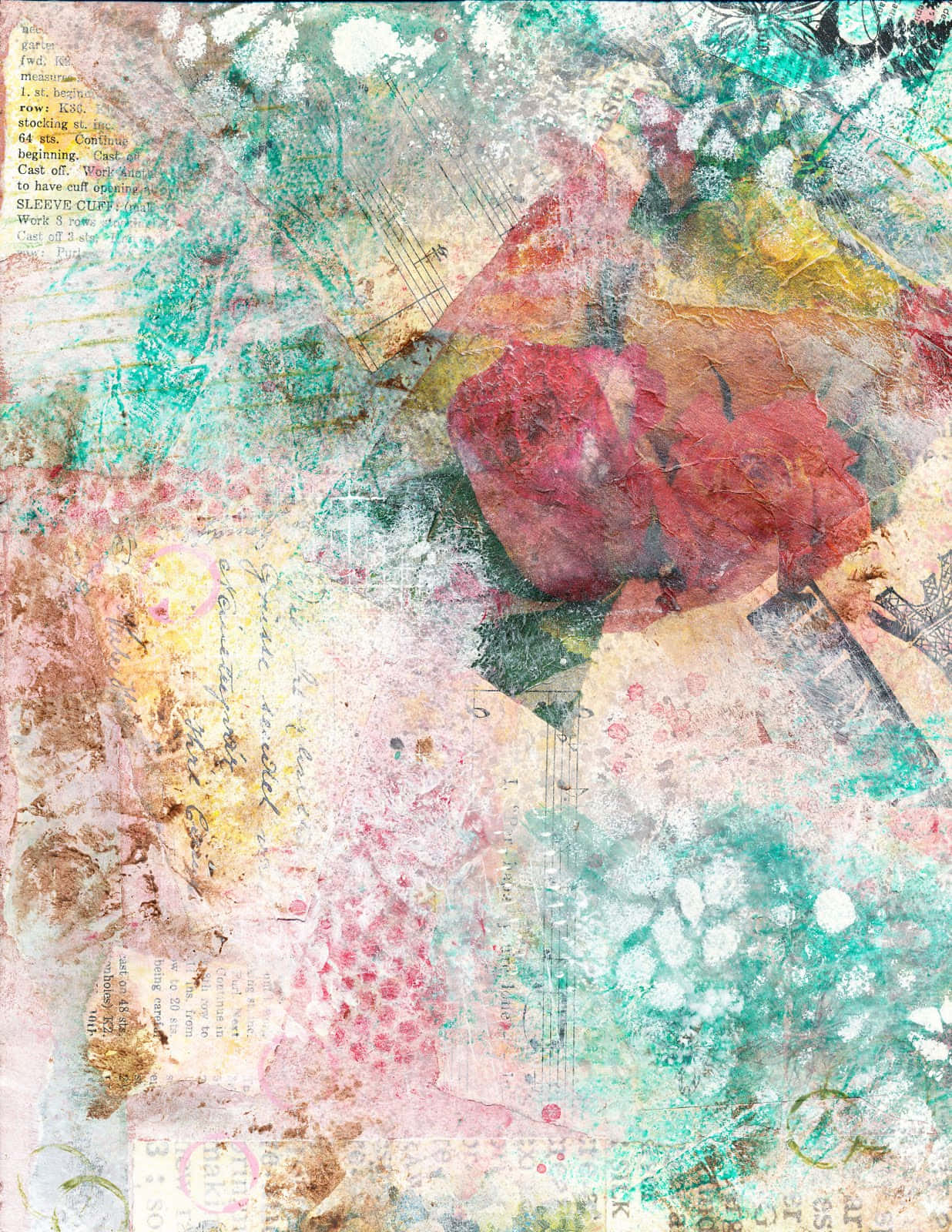 Mixed Media 桌布 壁紙 — 一件帶有紋理的拼貼藝術作品，特色是褪色的花卉圖案、手寫文字，以及在青綠色和粉紅色背景上的一朵顯眼的紅玫瑰。