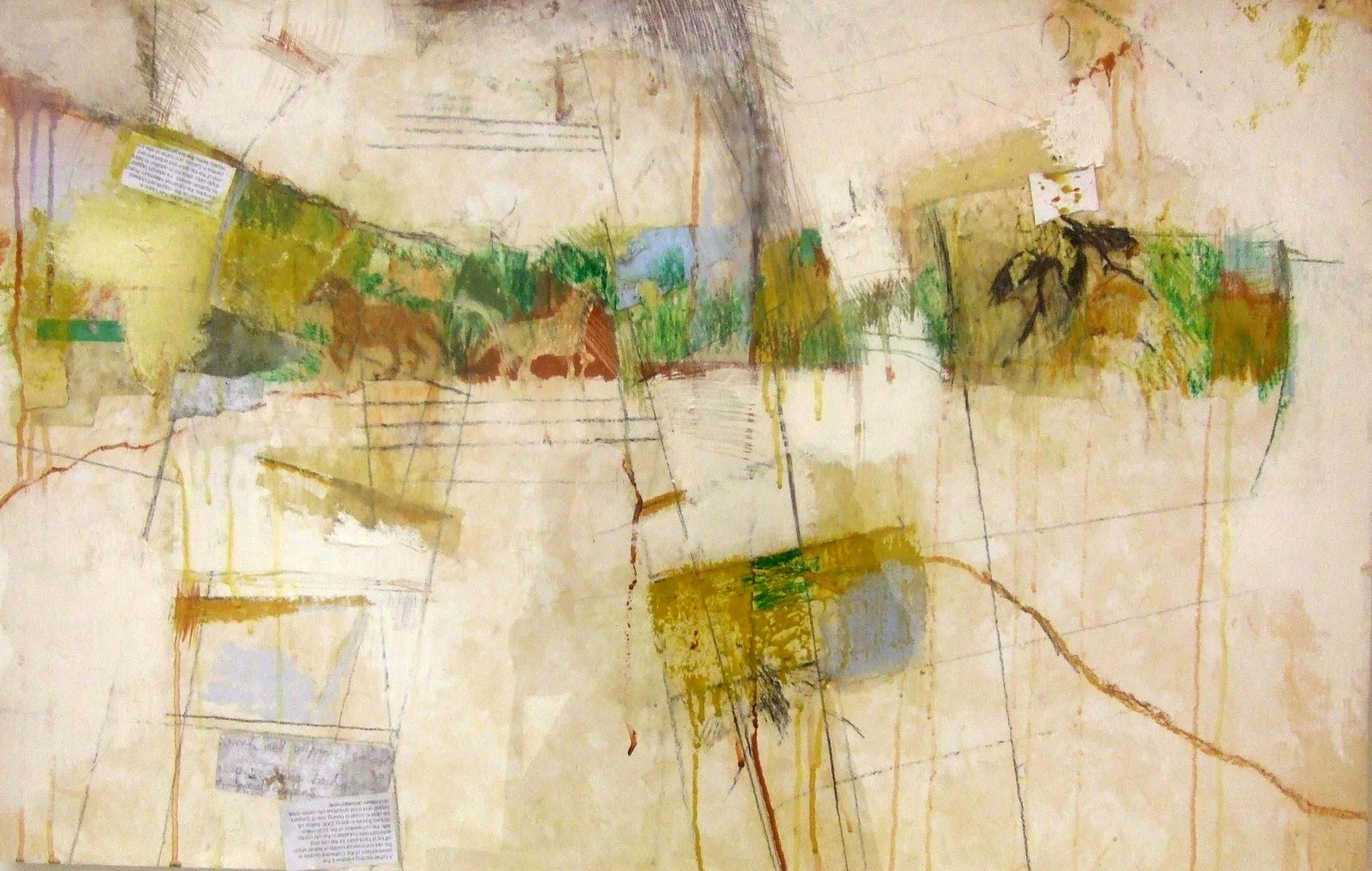 Mixed Media 桌布 壁紙 — 一件抽象混合媒體藝術作品，在帶有紋理的米色背景上呈現層疊的顏料滴落和拼貼元素。