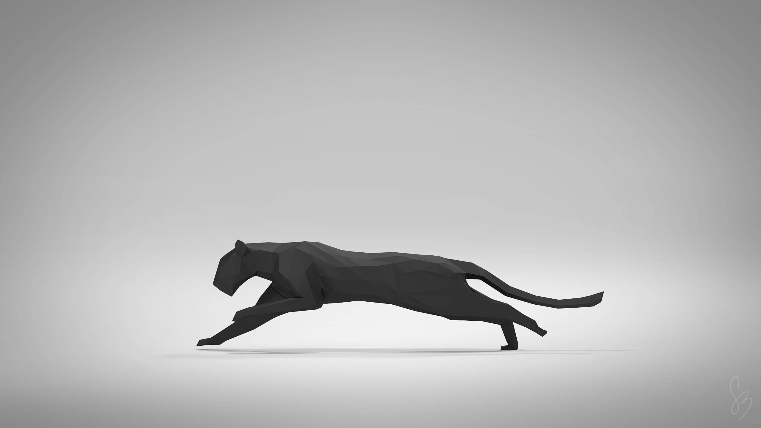 3D 桌布 壁紙 — 一件時尚的黑色低多邊形豹雕塑，在極簡漸變灰色背景上躍起。