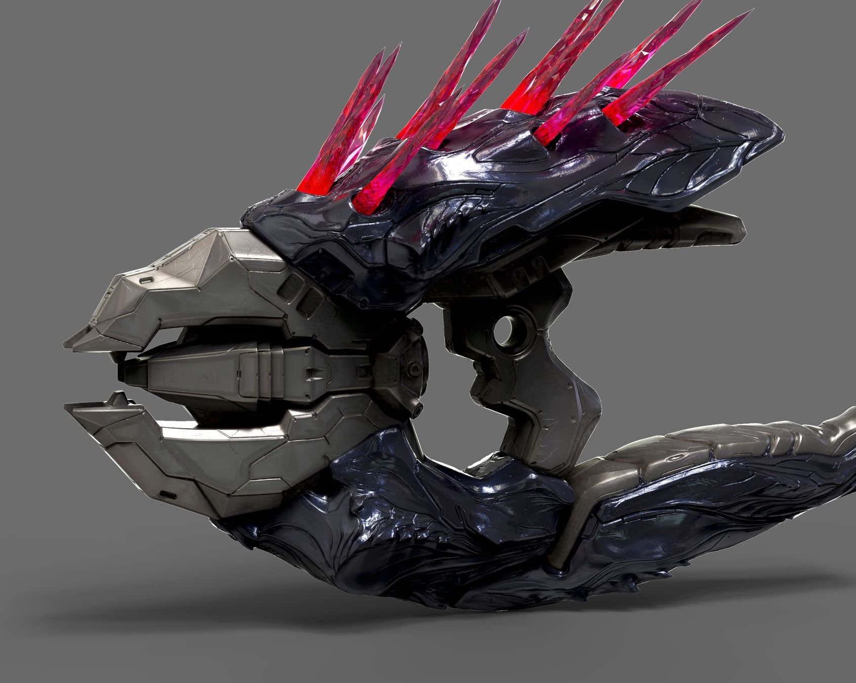 Halo Needler 桌布 壁紙 — 一件未來風格的武器，帶有發光的紅色尖刺和深色金屬裝甲，背景為灰色。