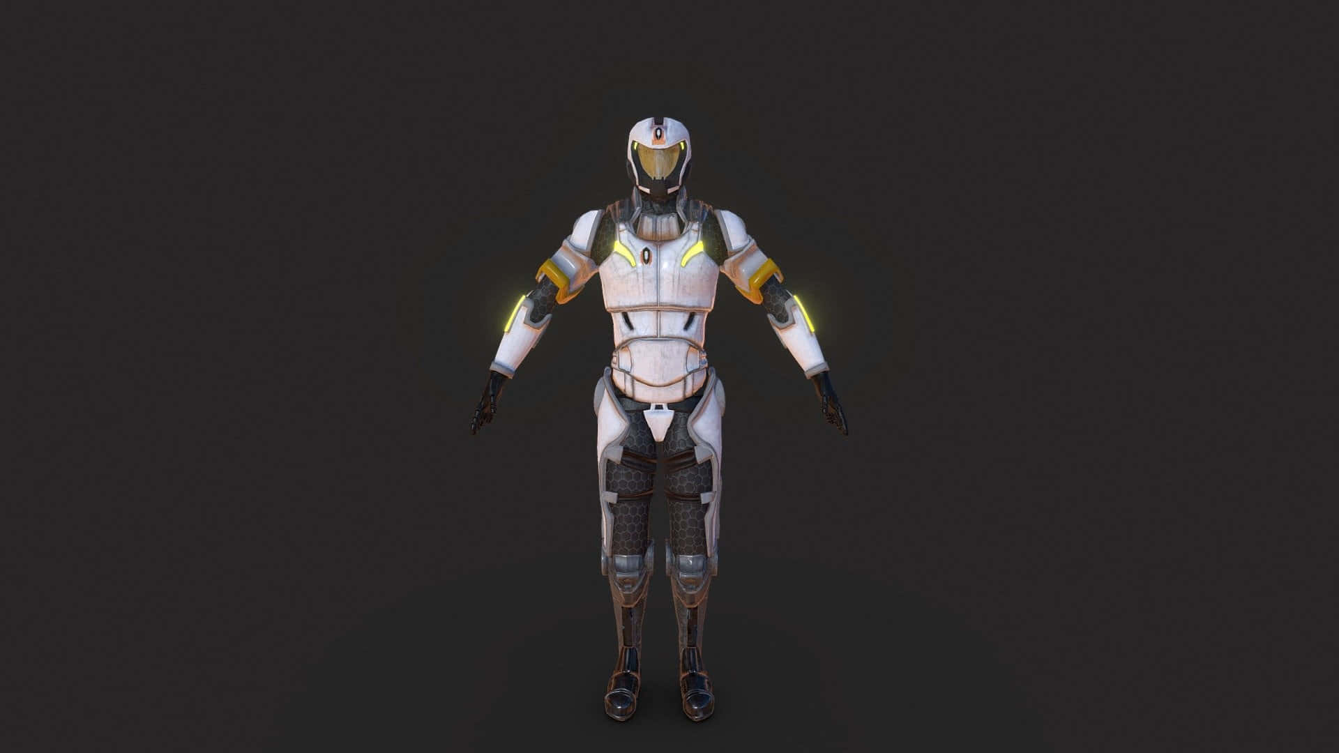 Mass Effect Cerberus 桌布 壁紙 — 一件未來風格的白色裝甲服，帶有發光的黃色點綴，在黑暗背景前擺出姿勢。