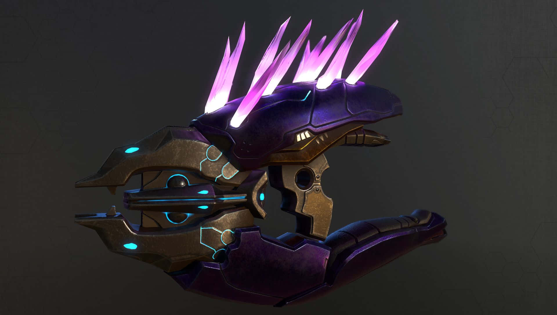Halo Needler 桌布 壁紙 — 一件未來風格的紫色和金色裝甲武器，帶有發光的青色點綴和尖銳的紫色尖刺，背景為深色紋理。