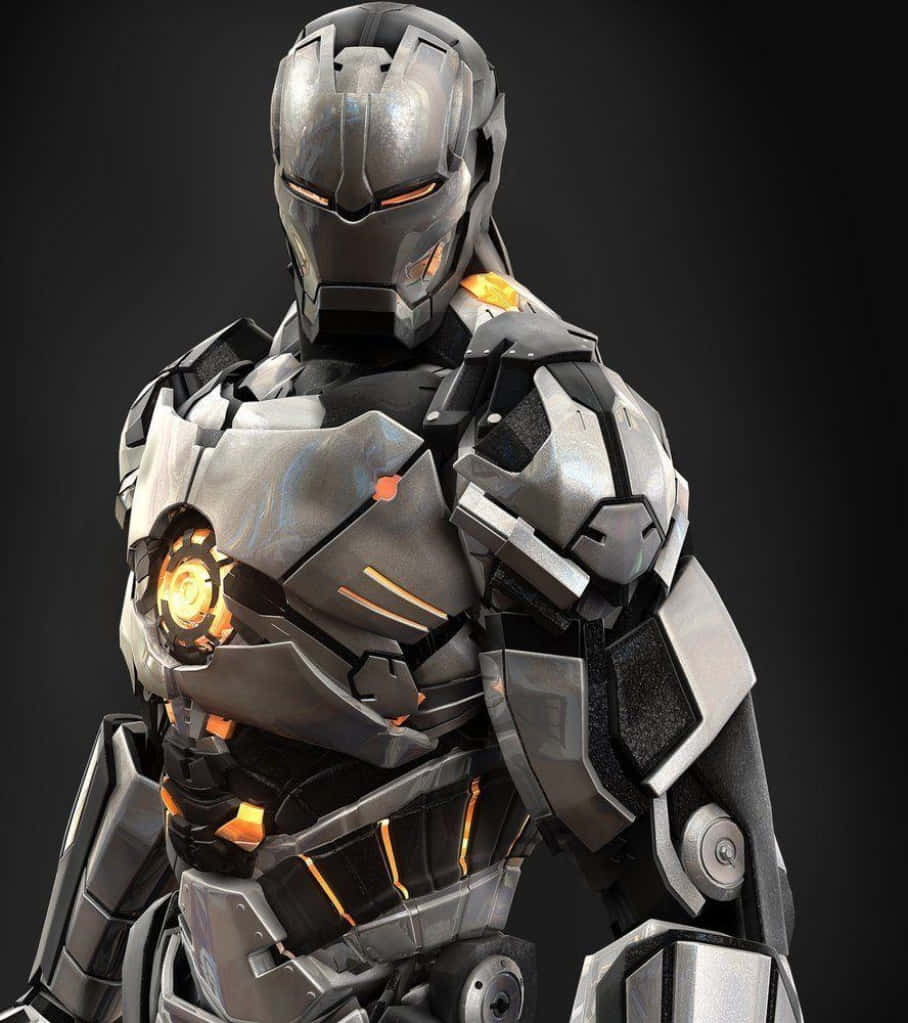Vibranium Suit 桌布 壁紙 — 一件未來風格的裝甲服，帶有發光的橙色點綴，矗立在黑暗背景前。