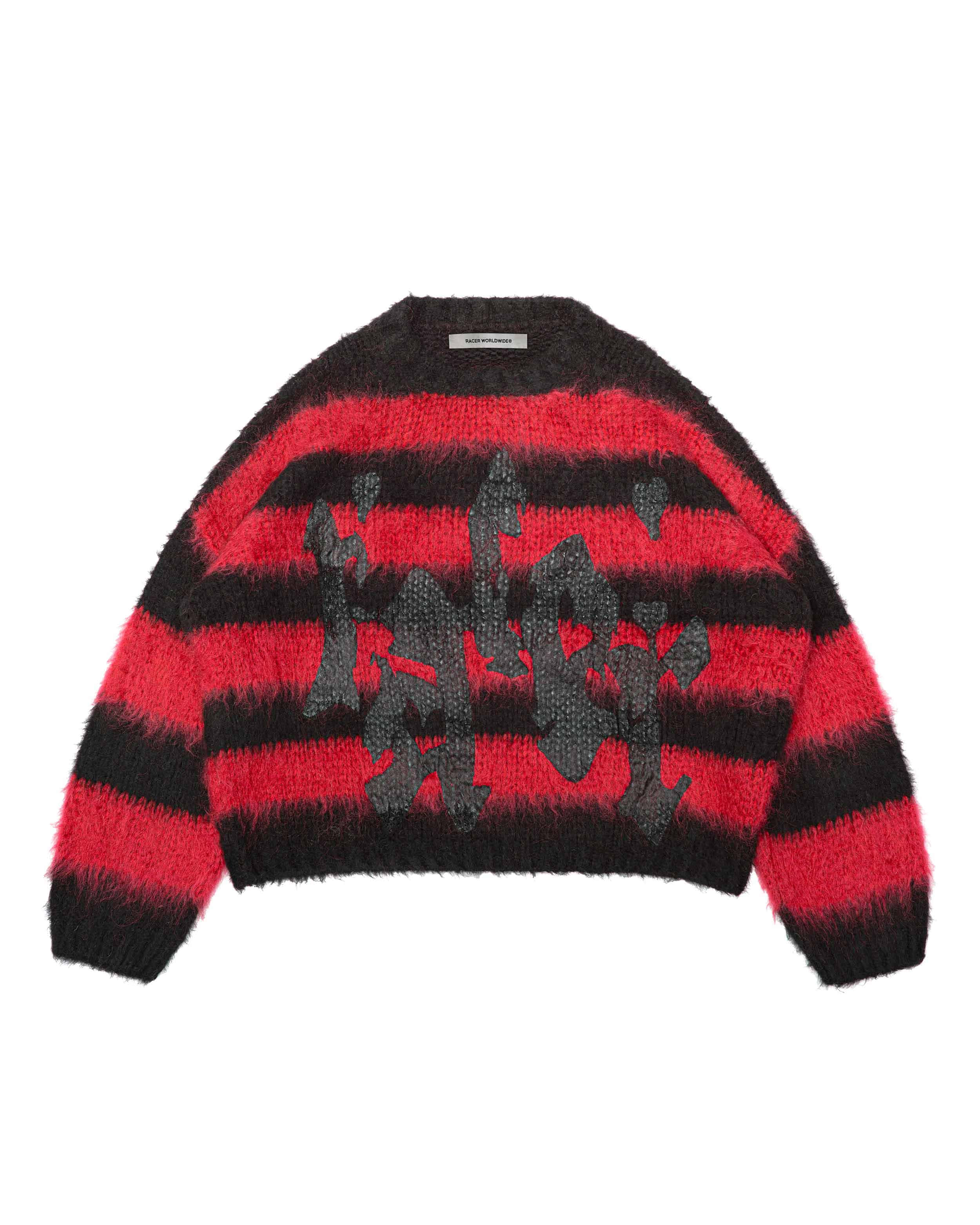 Red Sweater 桌布 壁紙 — 一件毛茸茸的紅黑條紋毛衣，帶有深色圖案設計，平放在白色背景上。