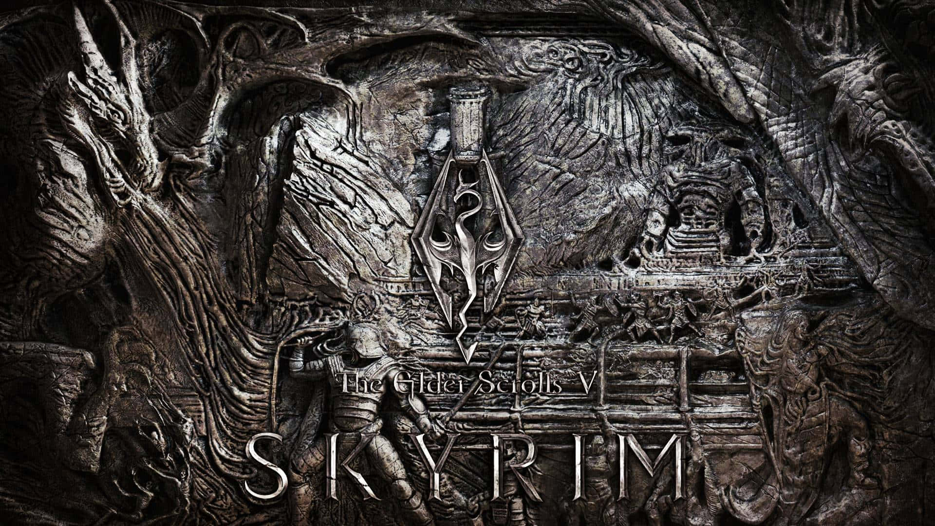 天際 桌布 壁紙 — 一件深色金屬浮雕藝術品，以Skyrim標誌為中心，周圍環繞著複雜的龍和北歐圖案。