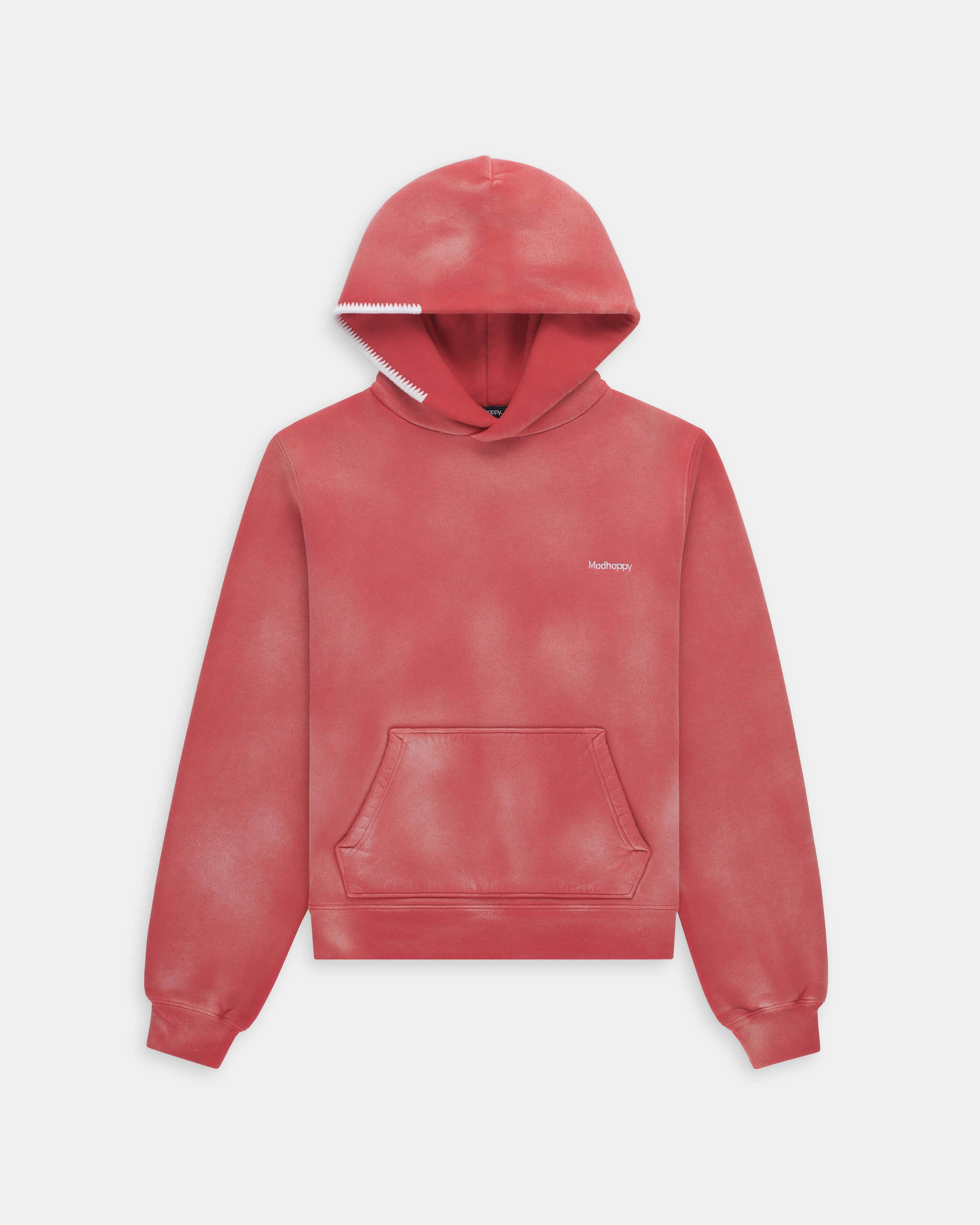 Red Hoodie 桌布 壁紙 — 一件珊瑚粉紅色連帽衛衣，配有白色拉鍊飾邊和小型品牌標誌，展示在純色背景上。