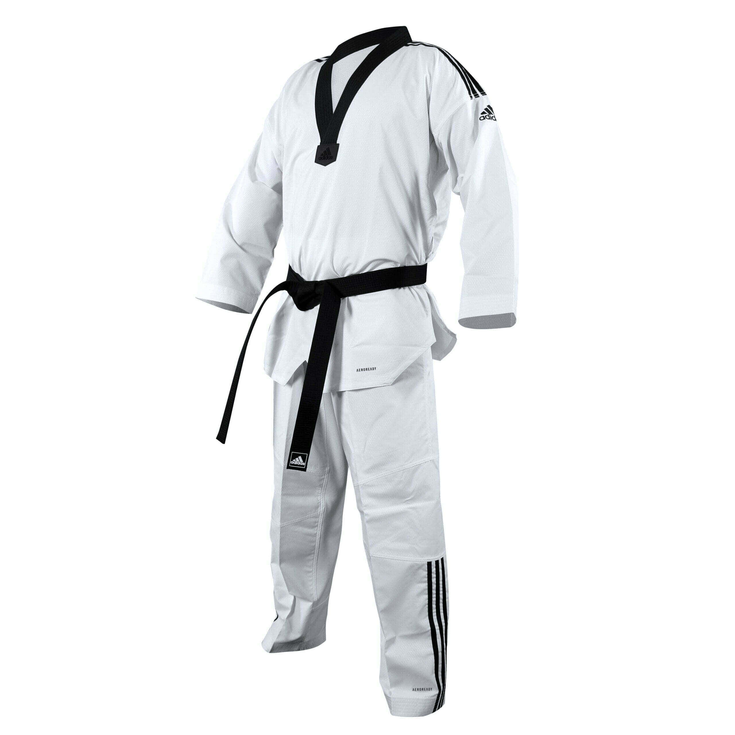 Taekwondo Uniform 桌布 壁紙 — 一件白色Adidas跆拳道道服，配有黑色腰帶和條紋，展示在純白色背景上。