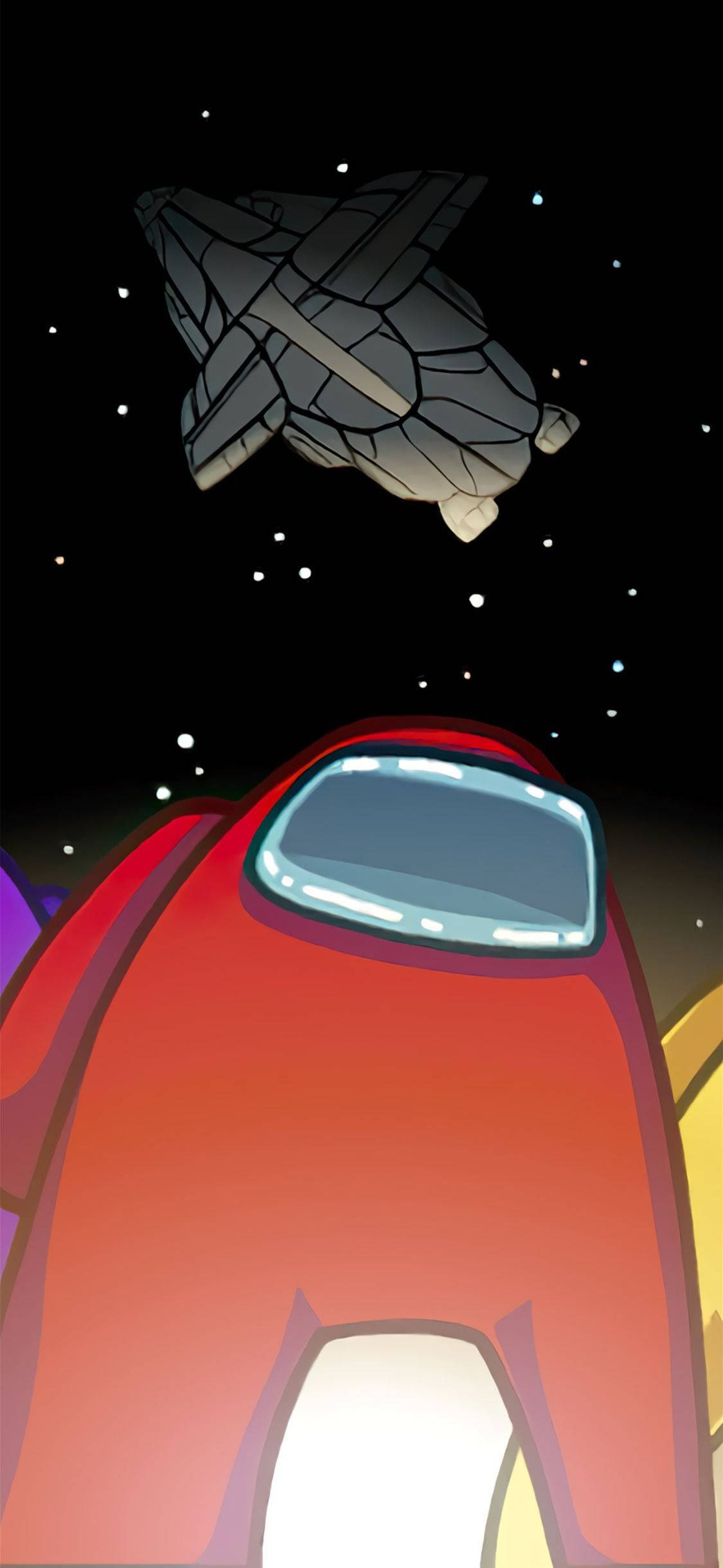 Among US 桌布 壁紙 — 一件紅色太空衣仰望一艘在星空中漂浮的破損太空船。