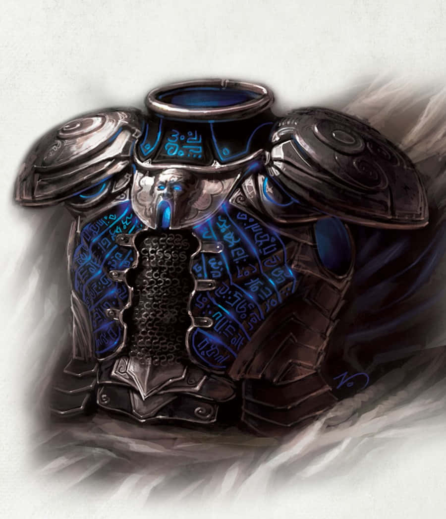 Mystical Artifacts 桌布 壁紙 — 一件細節豐富的奇幻盔甲胸甲，帶有發光藍色符文和金屬板，背景柔和煙霧繚繞。