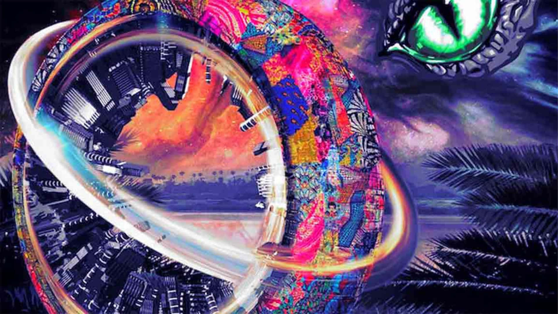 innovation 桌布 壁紙 — 一件超現實的數碼藝術作品，以發光環圈圍繞城市景觀，其中包含一隻巨大的綠色眼睛和棕櫚葉，背景是宇宙。
