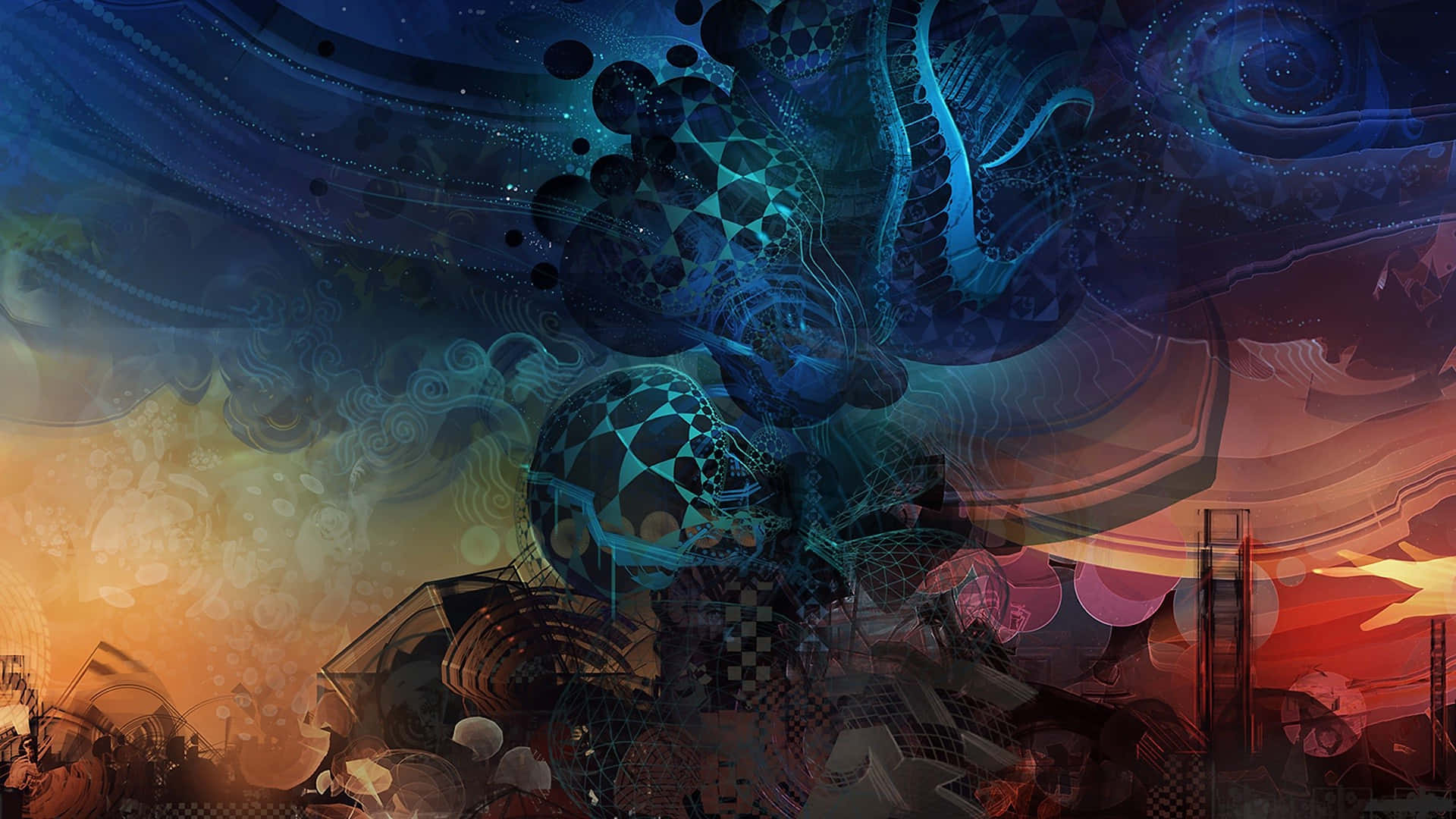 抽象藝術 桌布 壁紙 — 一件超現實的數碼藝術作品，融合了宇宙藍色分形、火熱橙色抽象形態和幾何圖案。