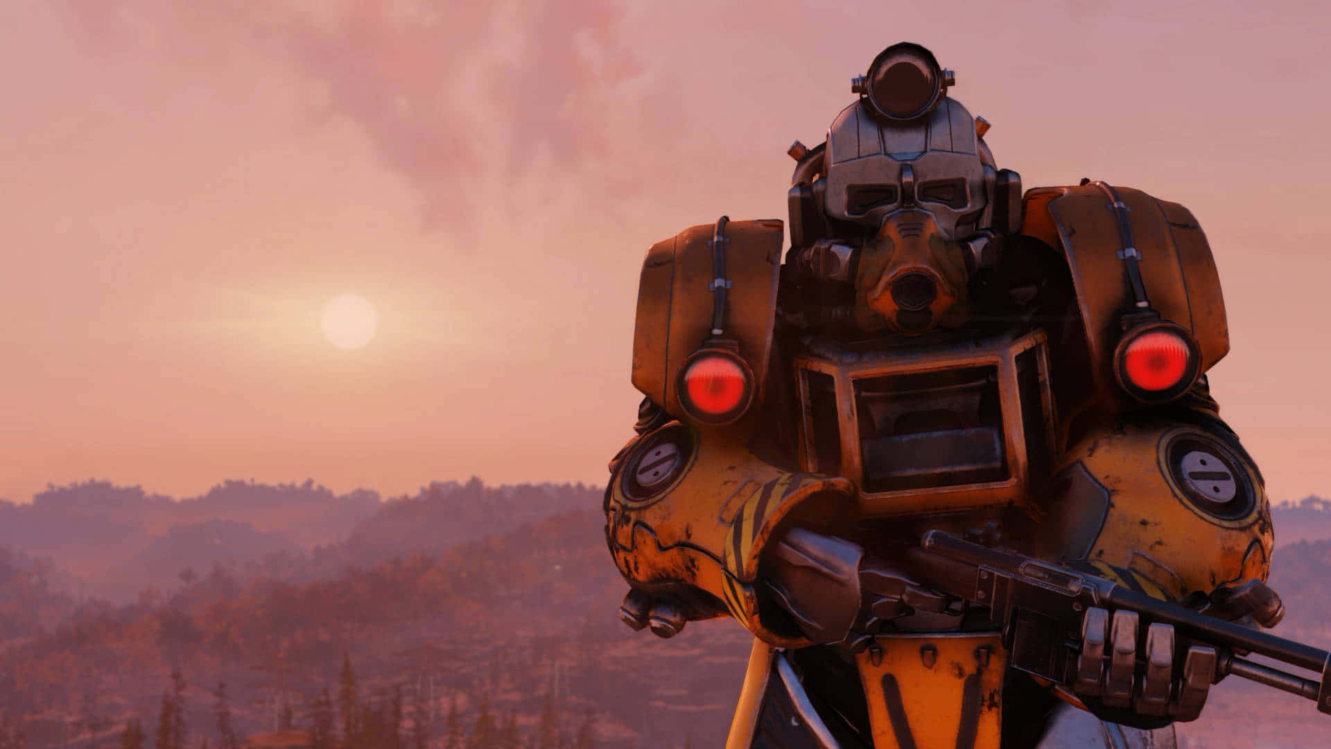 Fallout 4 Power Armor 桌布 壁紙 — 一件風化的動力裝甲服，帶有發光的紅色眼睛，站在荒涼景觀上朦朧的日落背景下。