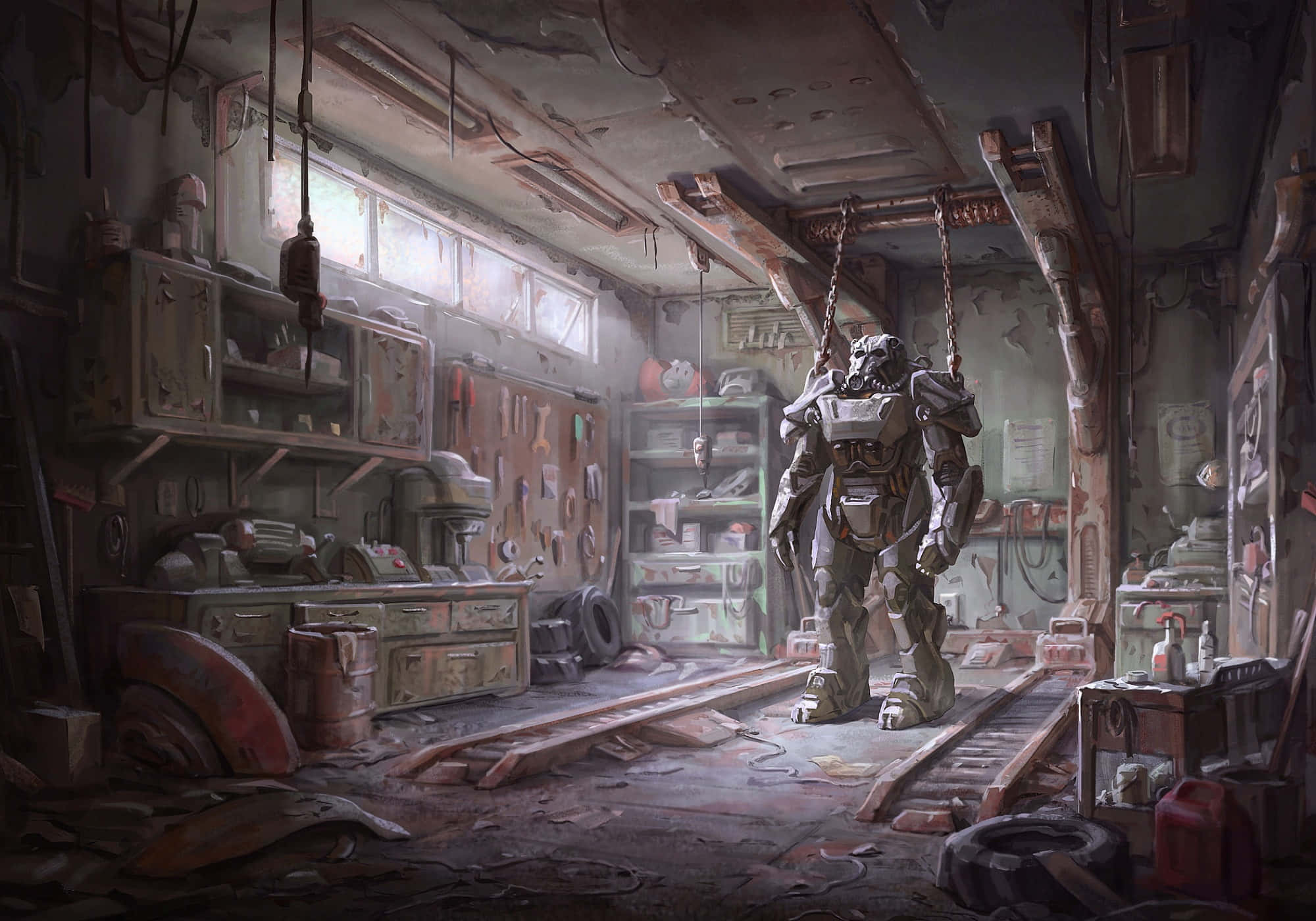 Fallout 4 Power Armor 桌布 壁紙 — 一件風化的動力裝甲服懸掛在一個雜亂、佈滿灰塵的工作坊中，裡面充滿了工具和碎片。